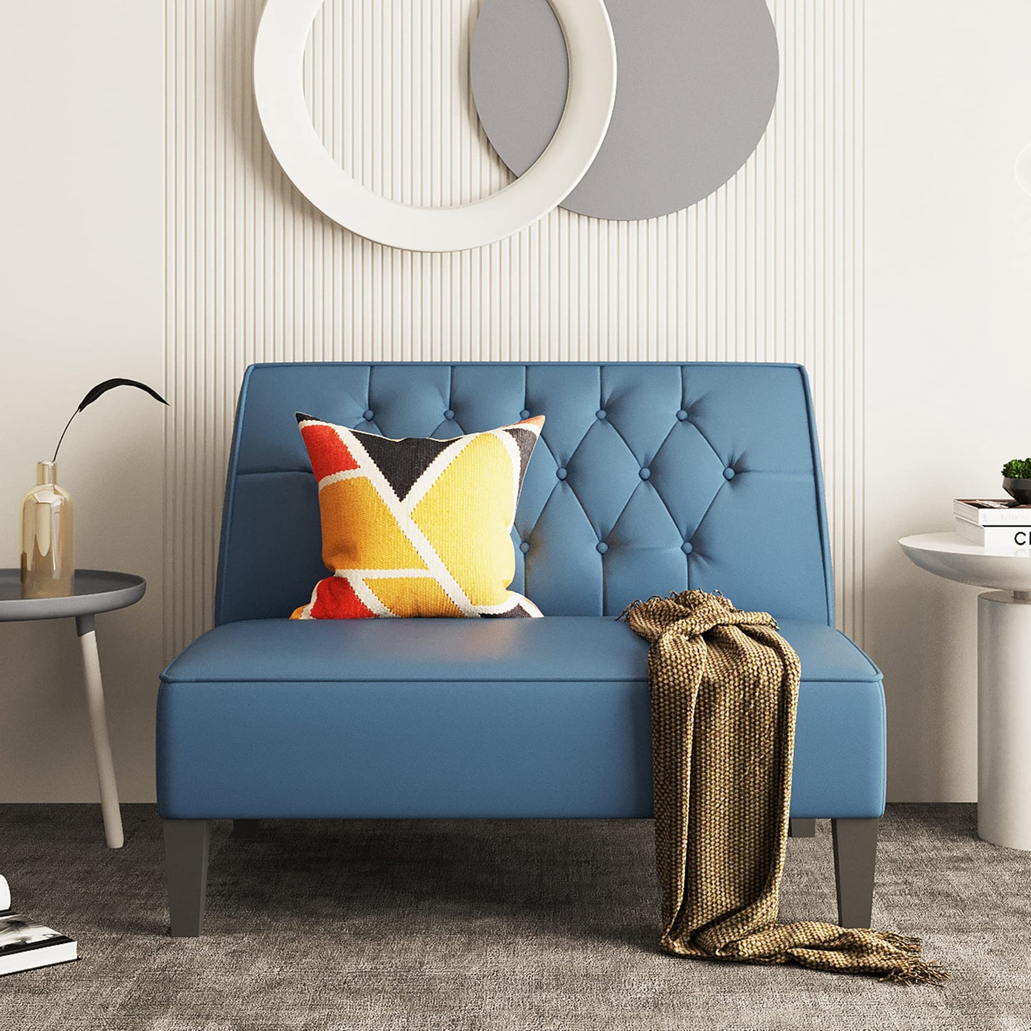 Alunaune Upholstered Blue Loveseat Bench Couch for Bedroom, Modern Cushioned Armless Settee Small Love Seat Sofa Faux Leather Living Room Couch