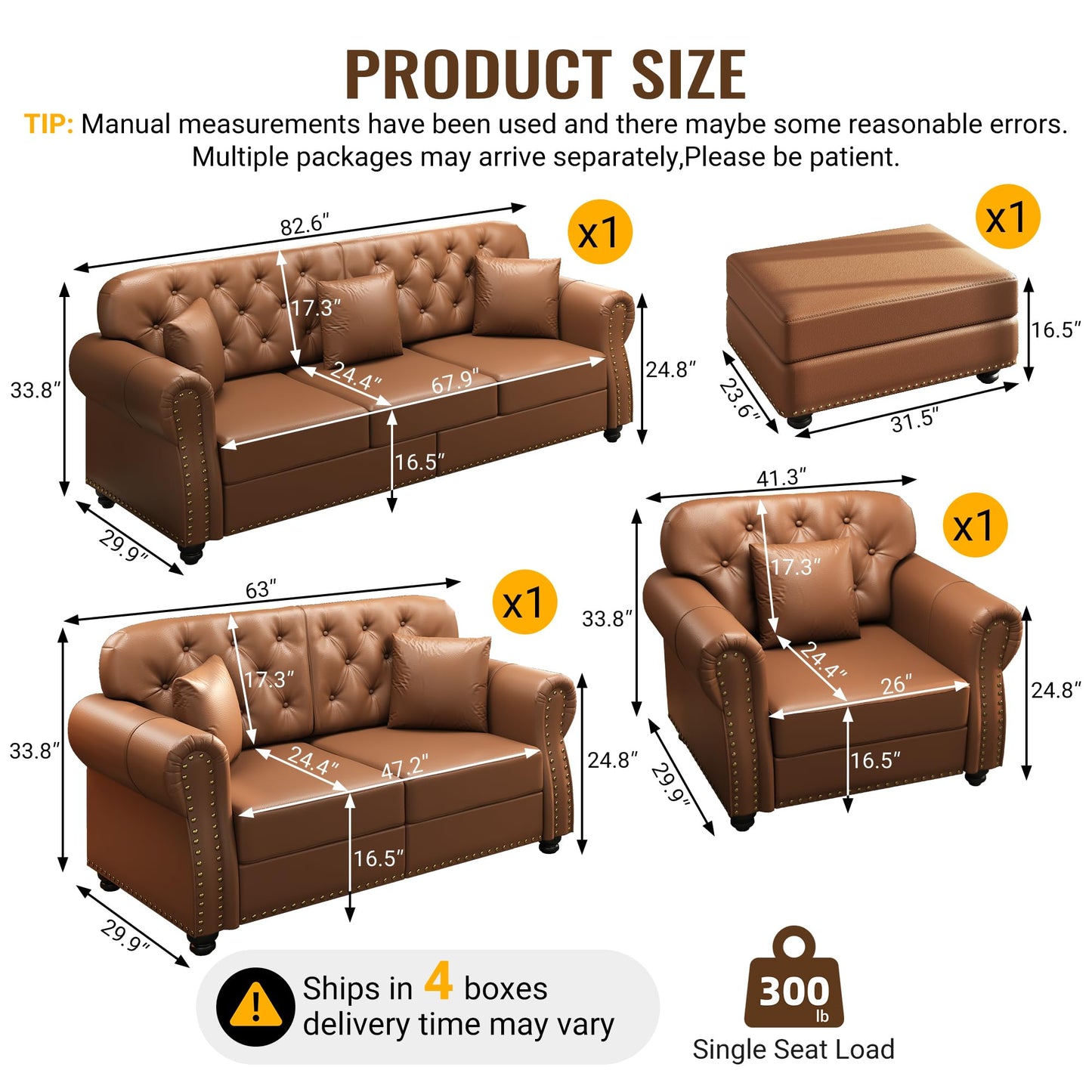 KEIKI 3-Piece Chesterfield Sofa Set with 1 Faux Leather 3-Seater Sofa & 1 Loveseat & 1 Single Sofa, 6-Seater Couch Set with Nailhead Trim & Rolled Arms & 1 Ottoman & 6 Pillow, for Living Room, Brown