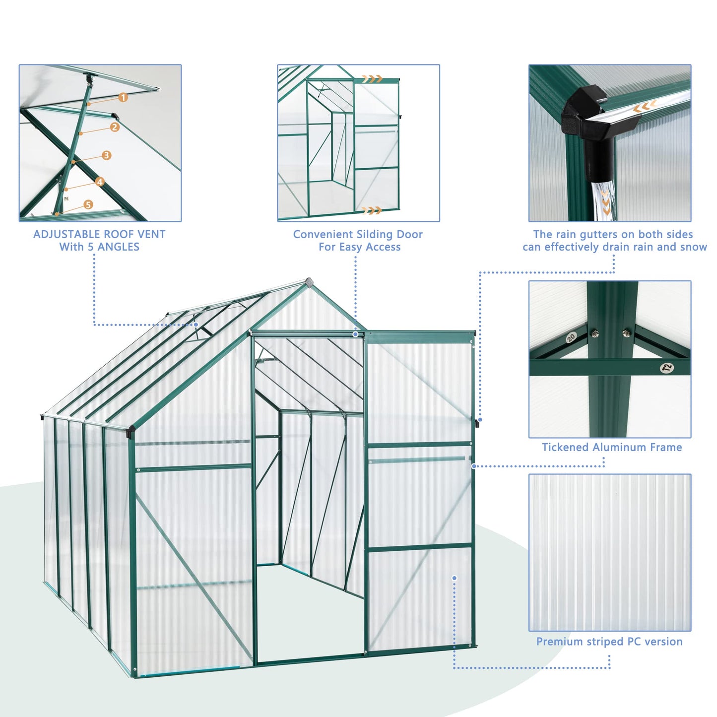 YOPTO 6X10 FT All Season Heavy Duty Walk-in Greenhouses, Outdoor Polycarbonate Plants Green House for Backyard Garden, Sliding Door Raised Base Anchor Aluminum, Green