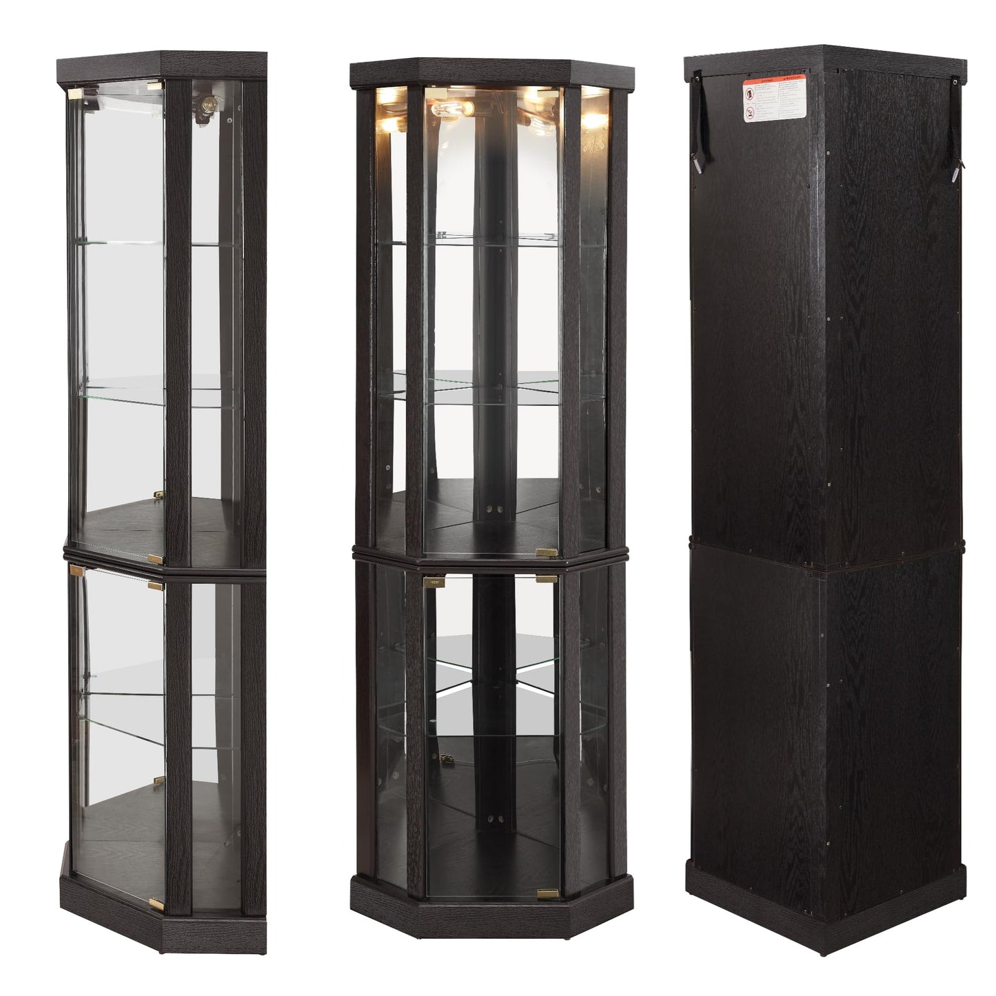 Trygoal 70" H Lighted Glass Display Cabinet, 3-Side Corner Curio Cabinet with Tempered Glass Doors, Elegant China Cabinet Dis, Black