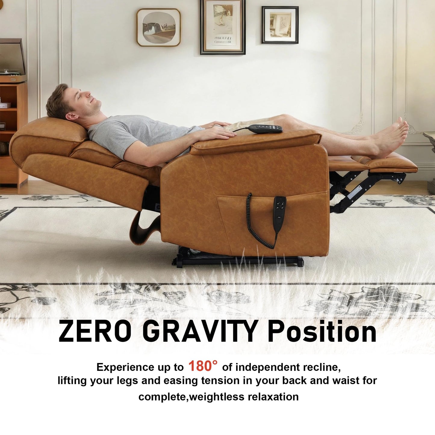 RHHVVR Oversized Power Lift Recliner Chair for Elderly, 180° Flat Lay Zero Gravity Electric Sofa with 8-Point Massage and Lumbar Heat, Breathable Leatheraire, Adjustable Footrest
