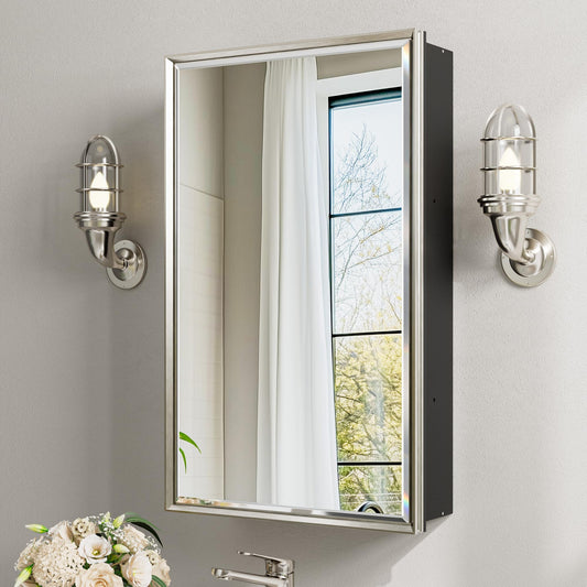QueenFun 16x26 Pre-Assembled Bathroom Medicine Cabinet Mirror, Surface or Recessed Brushed Nickel Medicine Cabinet with Mirror & Rustproof Aluminum Frame, Beveled Bathroom Vanity Mirror with Storage
