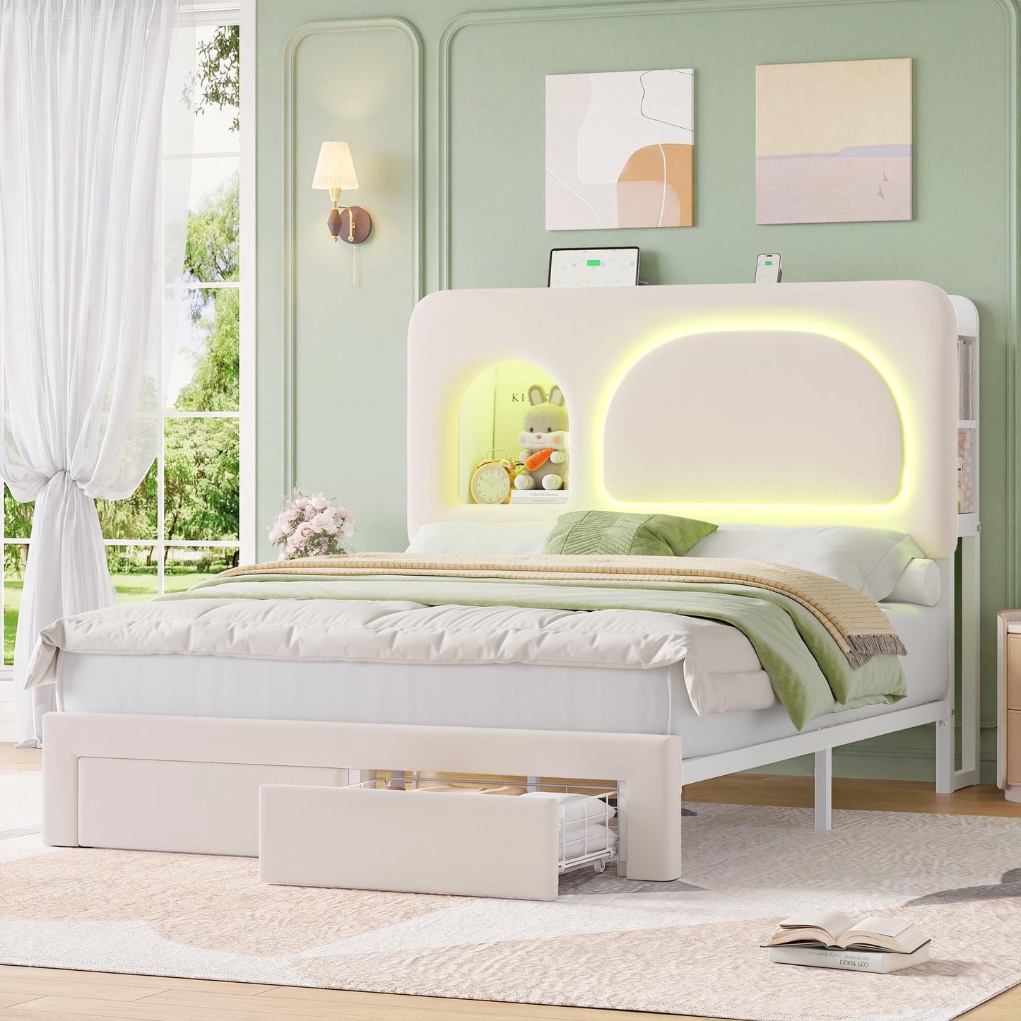 Keyluv Full Size LED Bed Frame with Storage Bookcase Headboard, Charging Station, Velvet Upholstered Platform Bed with 2 Drawers & USB Ports, Sturdy Metal Support, No Box Spring Required, Beige