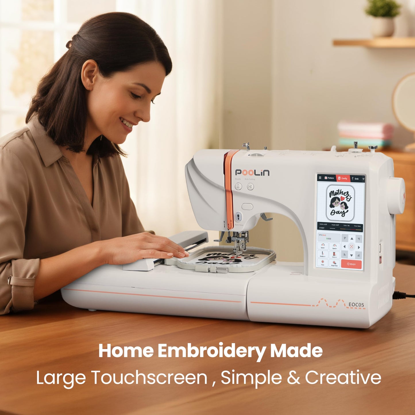 PooLin EOC05 Embroidery Machine for Beginners, Large 7" Touchscreen Easy to Use, 4"x9.25" Embroidery Area, WiFi Design Transfer Home DIY Machine for Learning and Personal Projects
