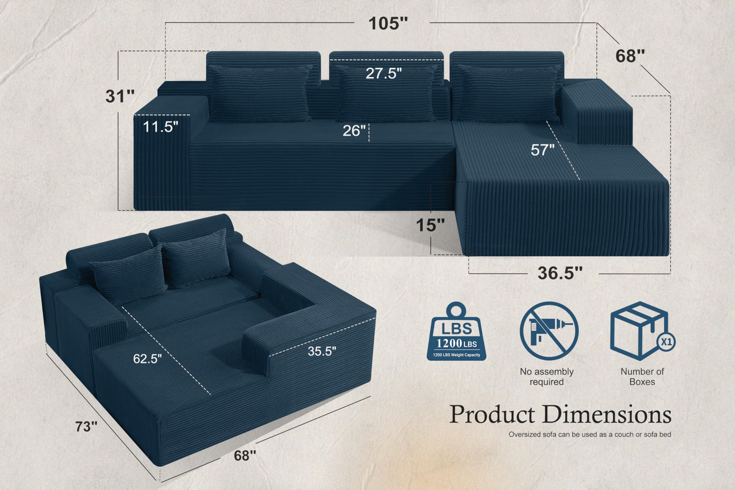 HABUTWAY Sectional Couches for Living Room,No Assembly L Shaped Couch 105" Modular Sectional Sofa Couch with Deep Seat,Cloud Couches Furniture Sets for Apartment,Corduroy (Blue, Right Facing)