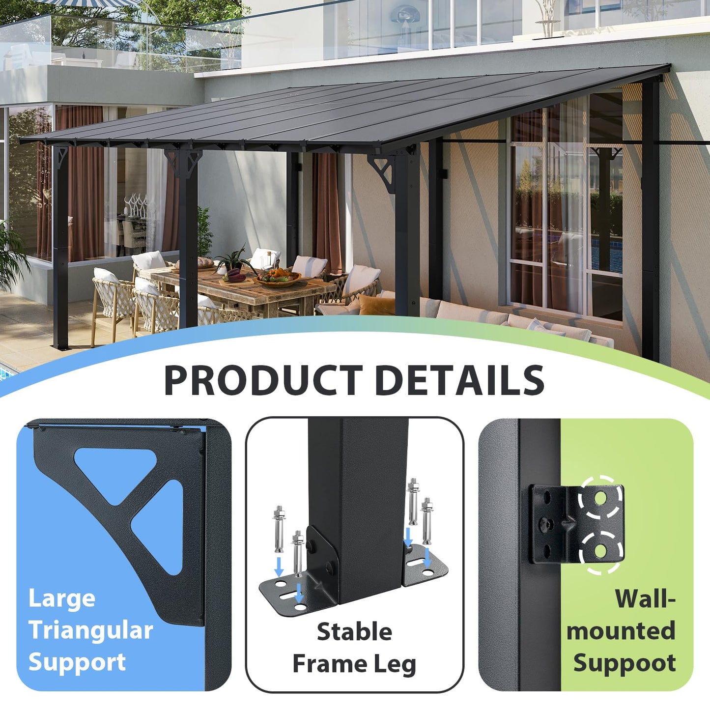 Aoxun 16'x 10' Premium Gazebo with Aluminum Top Frame & Polycarbonate Panel, Wall Mounted Gazebos Pergola, Outdoor Patio Lean to Gazebo, Awnings with Sloped Roof, for Backyard, Porch, Deck