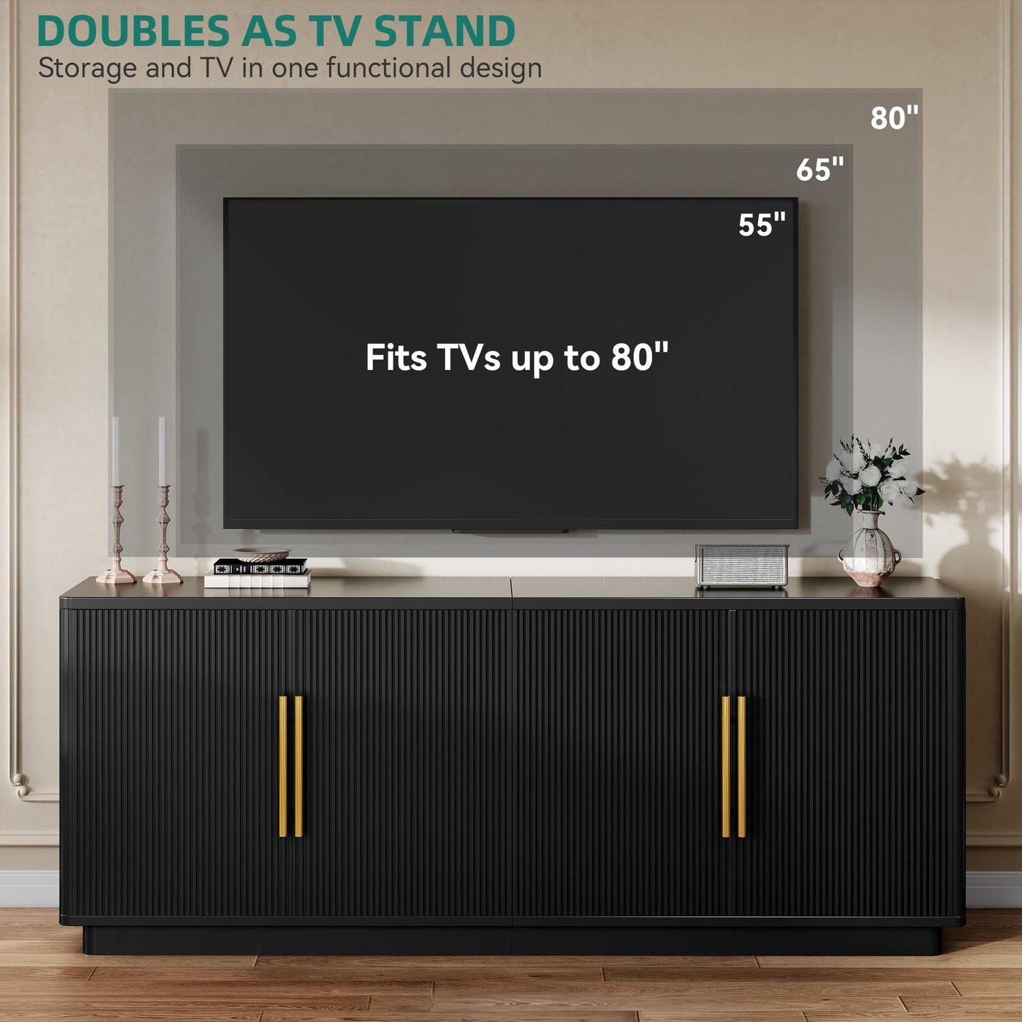YITAHOME TV Stand for TVs up to 80 Inches, Media Console with 4 Fluted Doors, 70" Entertainment Center with Ample Storage for Living Room(Black Oak)