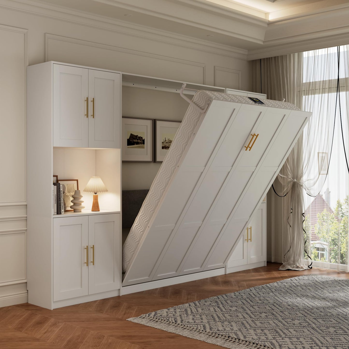 Jiaoun Queen Murphy Bed,Farmhouse Guest Beds,Folding Wall Bed with Hydraulic Bar,64" W Twin Murphy Beds with 2 Cabinet for Small Spaces/Offices/Apartments/Guest Room,White