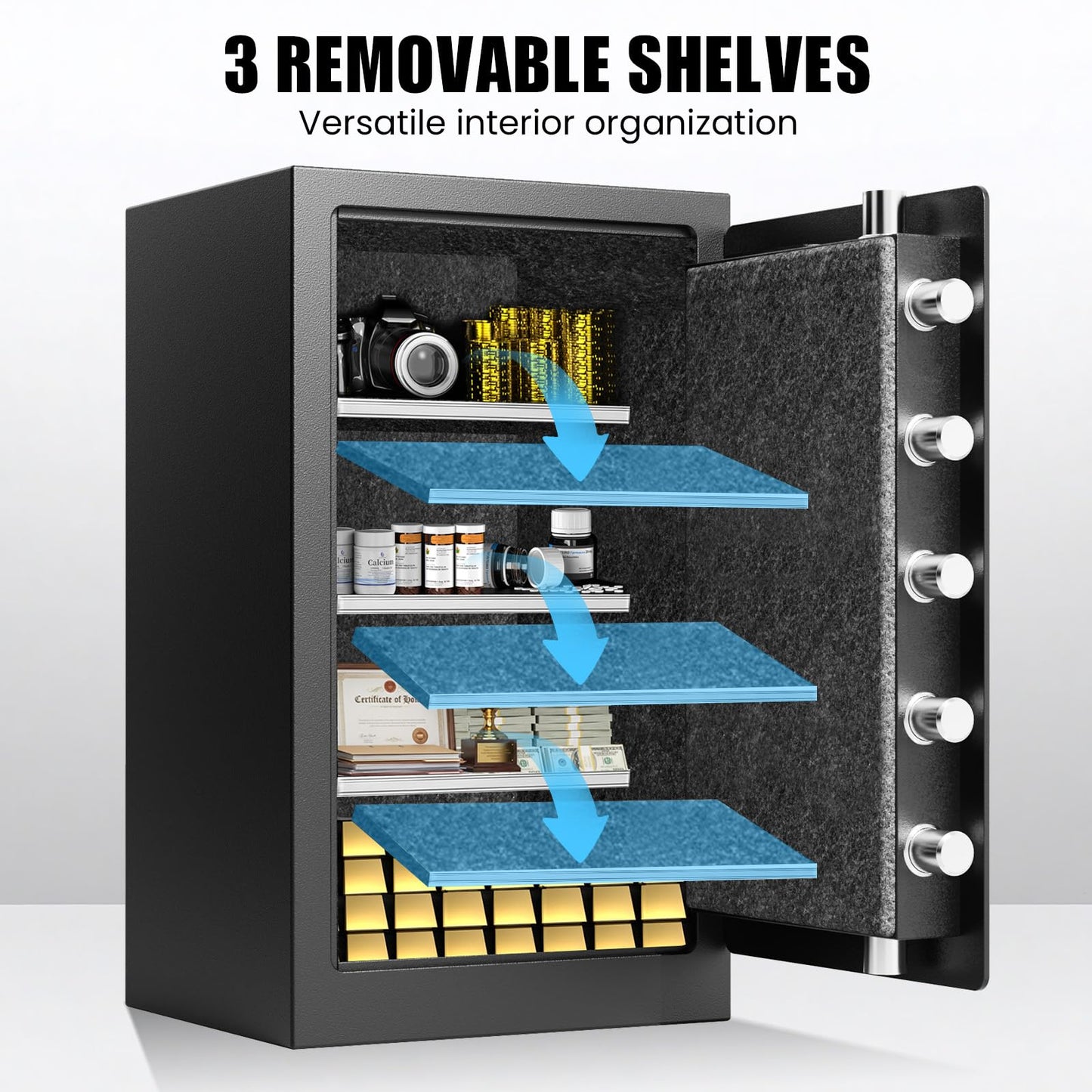 Mitlvge 35Min Fireproof Safe, 7.5 Cubic Feet Home Safe Box with 3-Removable Shelf, Fire Safe with Digital Keypad, Smart Alarm and Silent Mode, Fire Proof Safe for Home Documents and Office