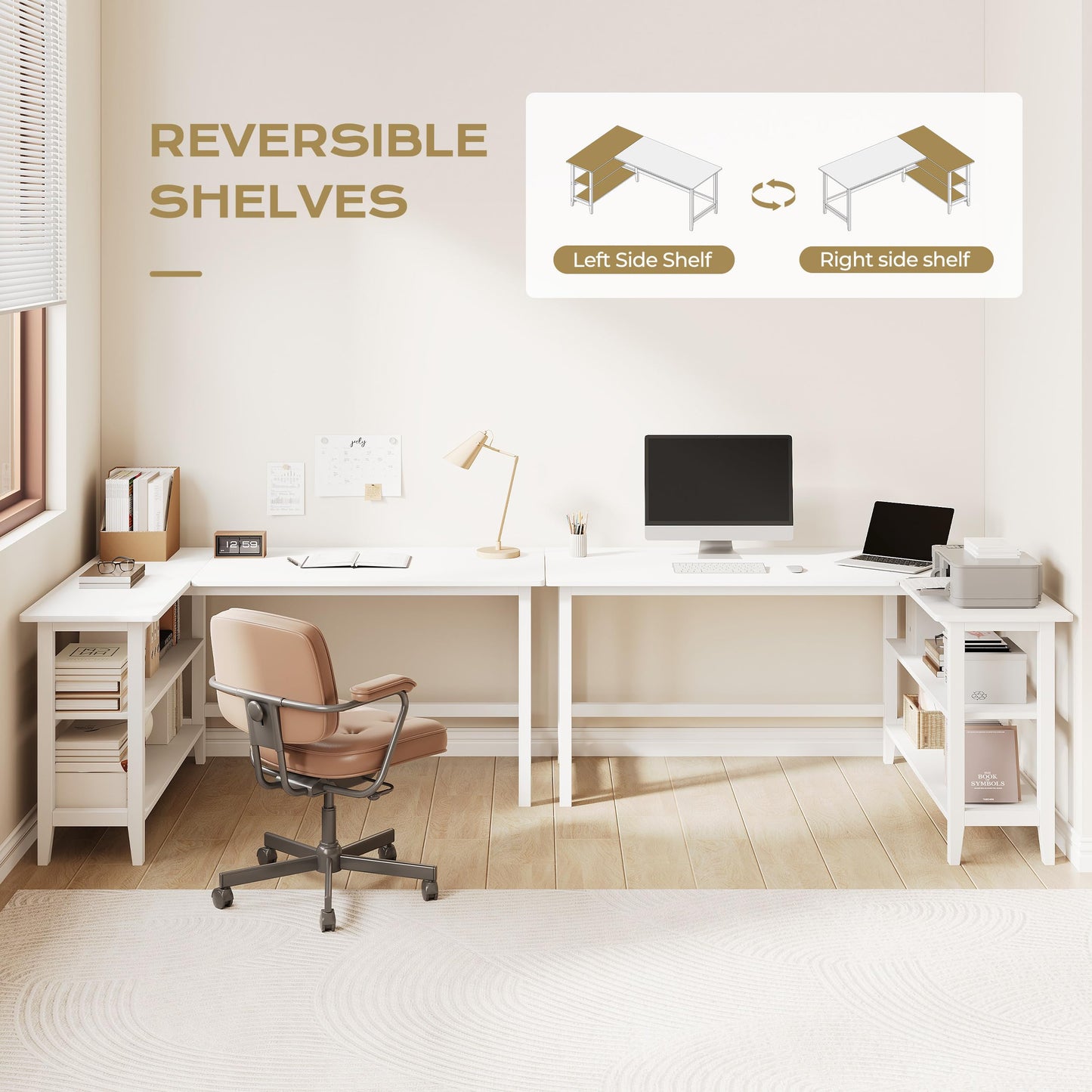 IOTXY Reversible L-Shaped Office Desk - 53" Modern Corner Computer Table with Storage Shelves, Solid Wood Legs, Home Writing & Study Workstation, White