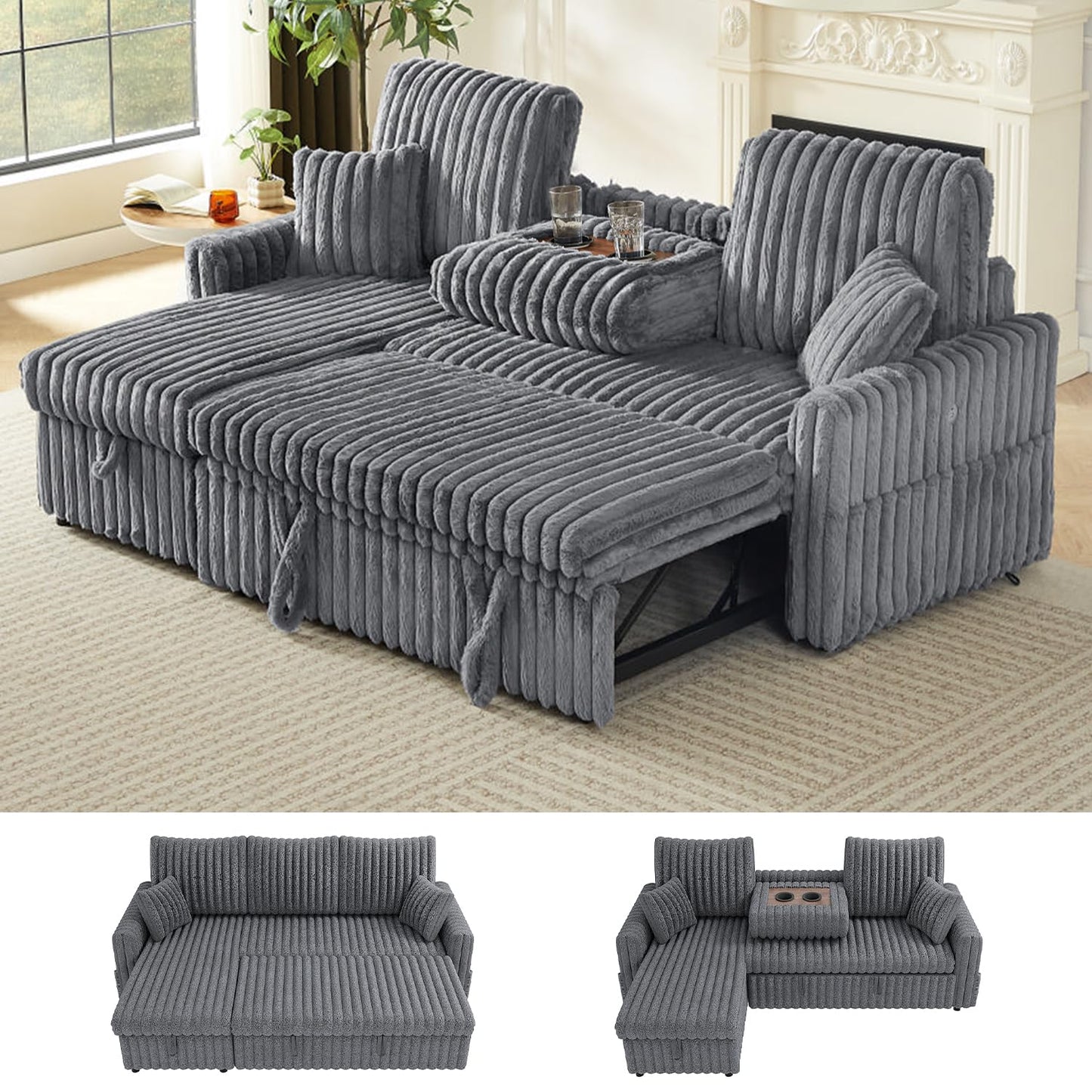 KCGKCG Sleeper Sofa Bed, 81” Pull Out Couch Bed with Reversible Storage Chaise, 3 in 1 L-Shaped Couch with Charging Station, Cup Holder, Side Pocket, Plush Corduroy Couches for Living Room(Light Grey)