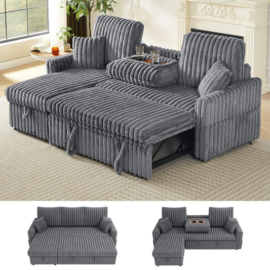 KCGKCG Sleeper Sofa Bed, 81” Pull Out Couch Bed with Reversible Storage Chaise, 3 in 1 L-Shaped Couch with Charging Station, Cup Holder, Side Pocket, Plush Corduroy Couches for Living Room(Light Grey)