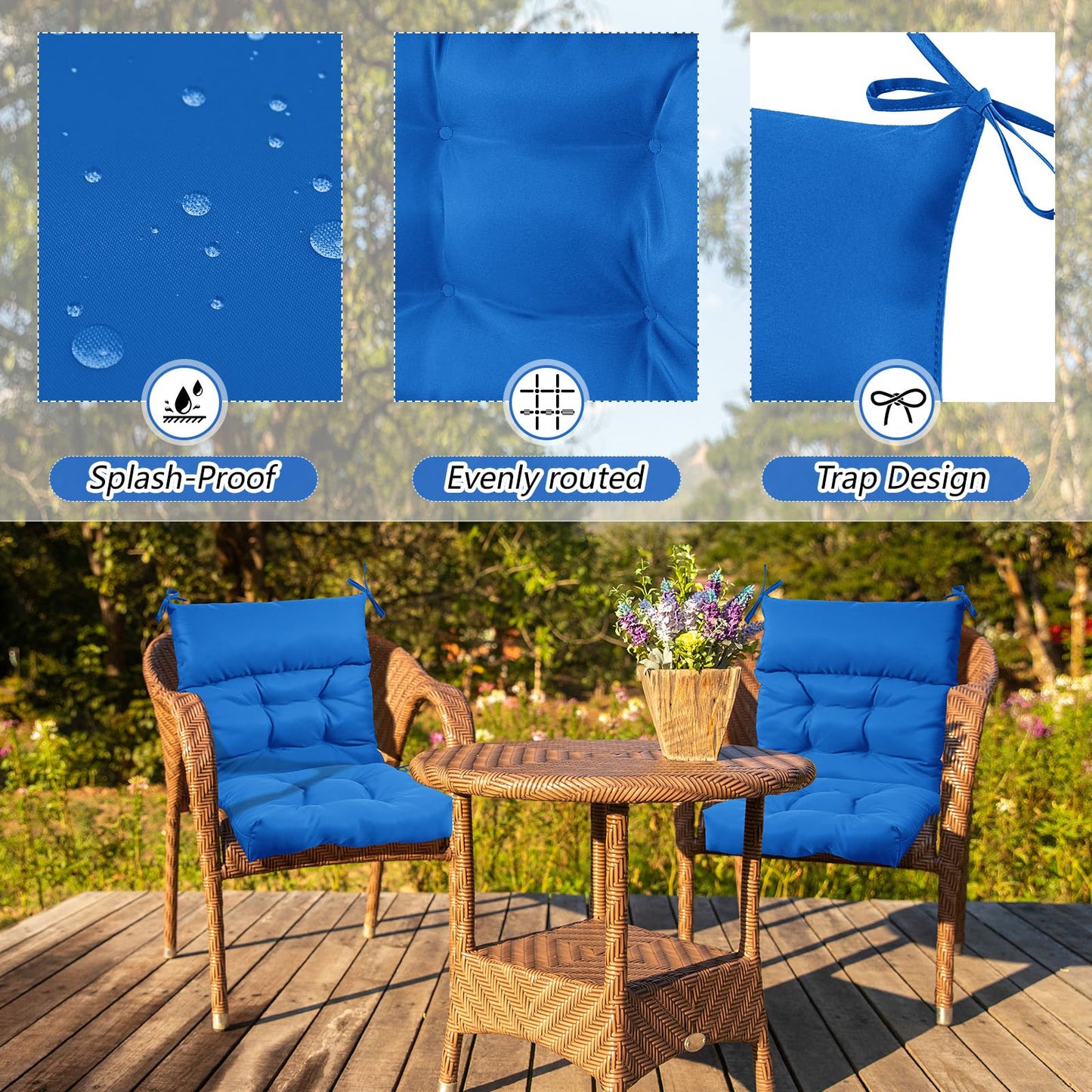 Sintuff 6 Pcs 44 x 21 x 4 Outdoor Chair Cushion Patio Chair Cushions Seat/Back Tufted Pillow with Ties Water Resistant Replacement Indoor Patio Furniture Outdoor Furniture (Solid Color,Blue)