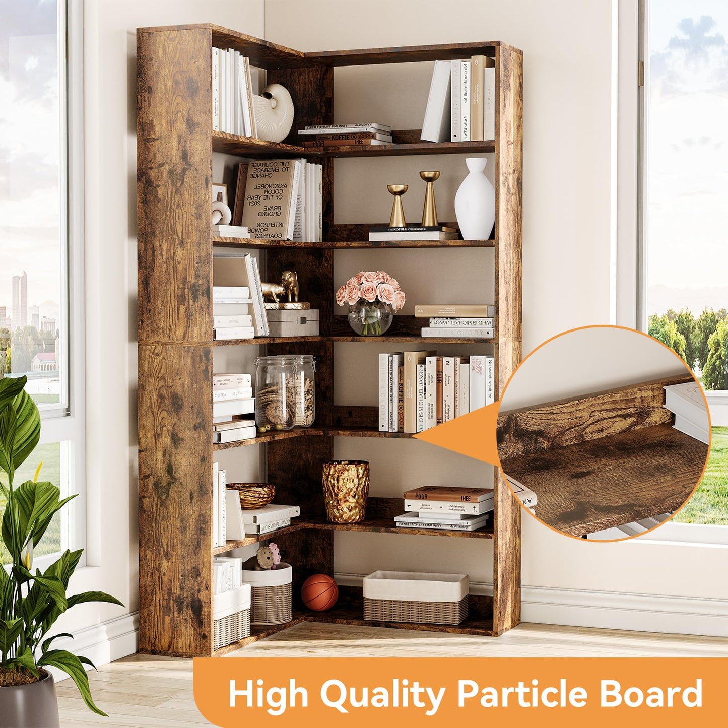 IDEALHOUSE Corner Bookshelf, 6 Tiers Corner Bookcases with Baffles, Corner Shelf L Shaped Bookshelf Storage Display Rack Living Room Bedroom