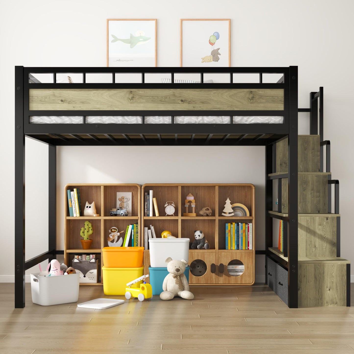 SDHYL Twin Size Loft Bed, with Storage Stairs & Drawers,Space-Saving Heavy-Duty Metal Bed Frame, No Box Spring Needed, Ideal for Dorms and Small Rooms, Easy Assembly, Black