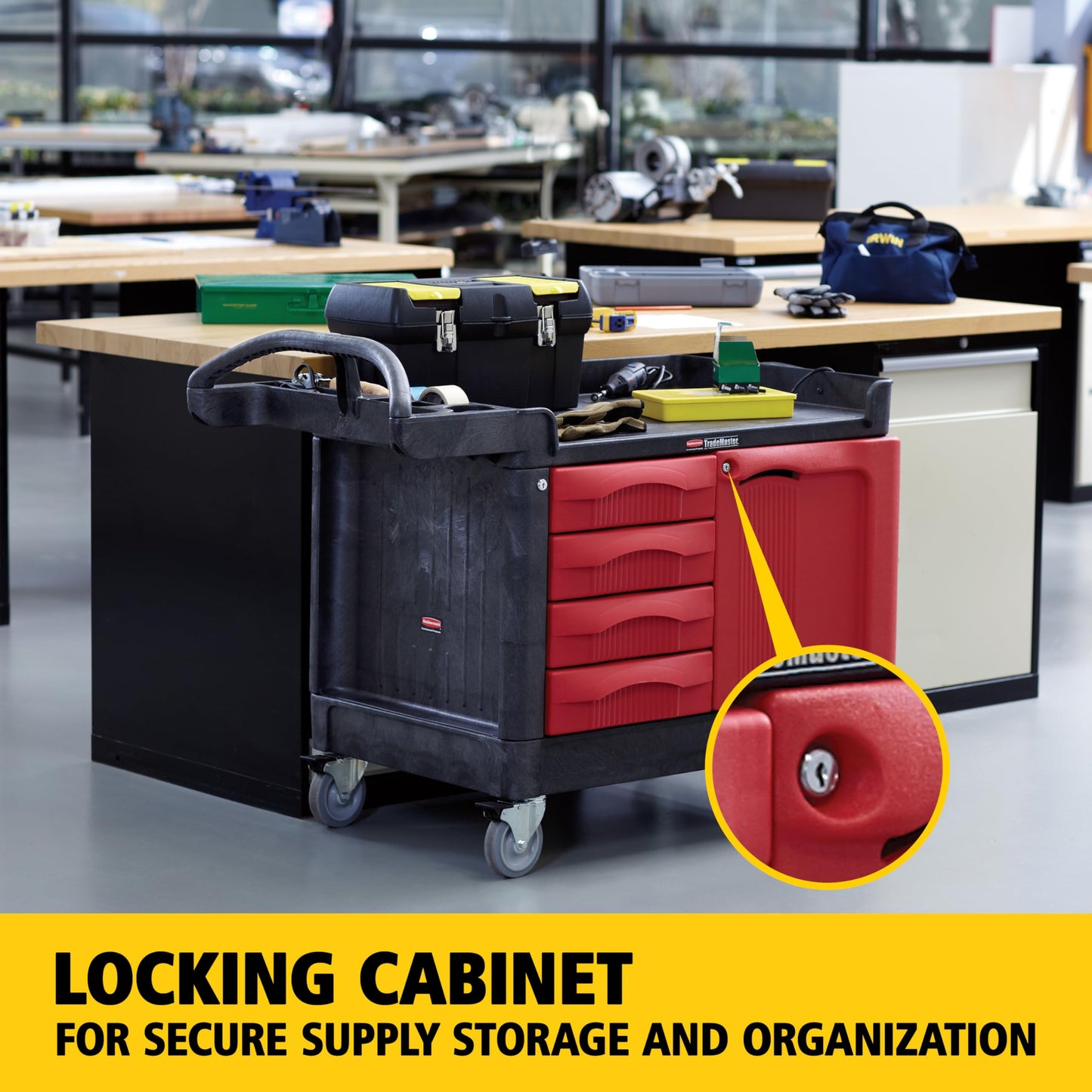 Rubbermaid Commercial Products TradeMaster Tool Storage Utility Cart, 4 Drawers + Cabinet, Small, 750 lb. Capacity, Black, for Warehouse/Garage/Cleaning/Maintenance