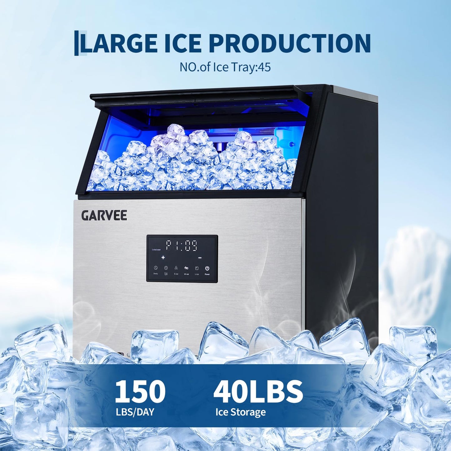 Commercial Ice Maker Machine, 150 lbs/24h with 40 lbs Storage Capacity, Stainless Steel Ice Maker with Self-Cleaning & LED Display, Built-in/Freestanding/Under Counter,for Home Bar Restaurant