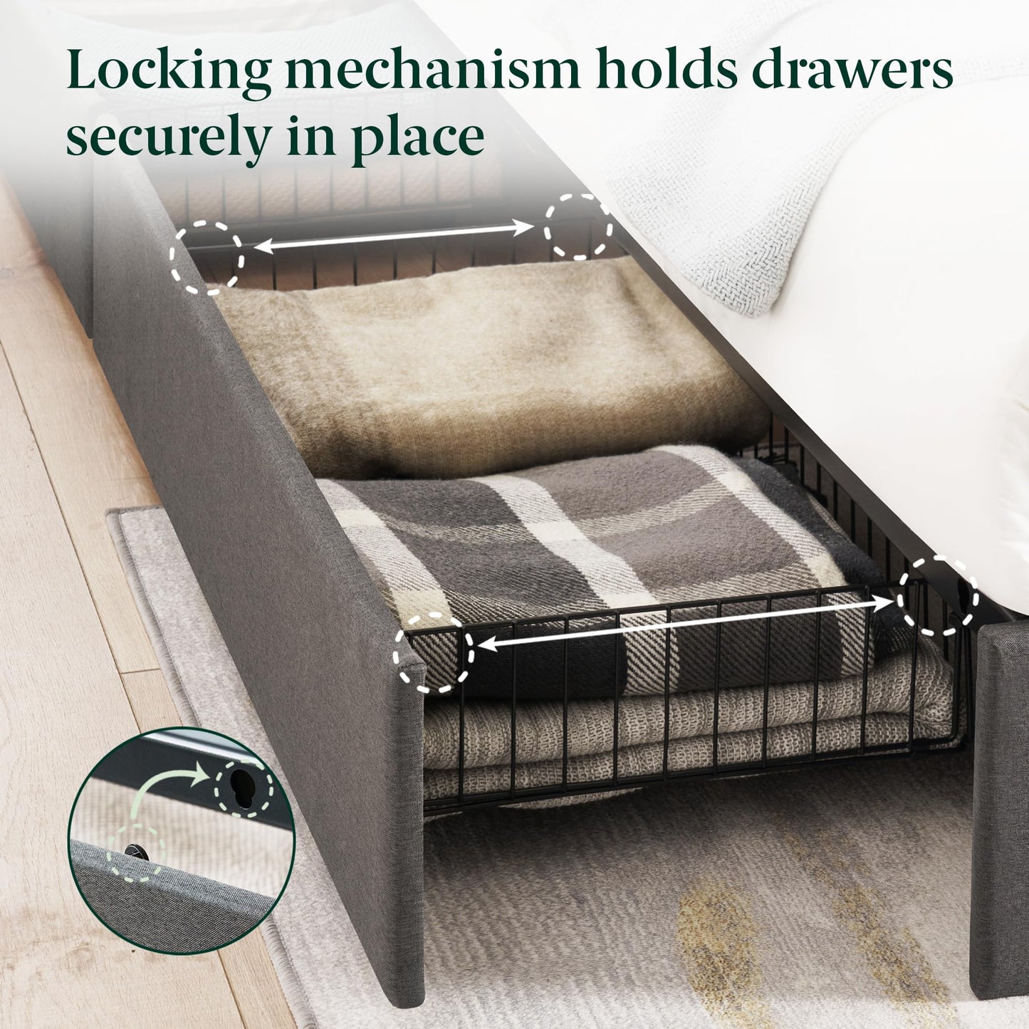 Zinus Billie Platform Bed Frame, Four Underbed Storage Drawers, Height Adjustable Headboard, Upholstered Style, Queen