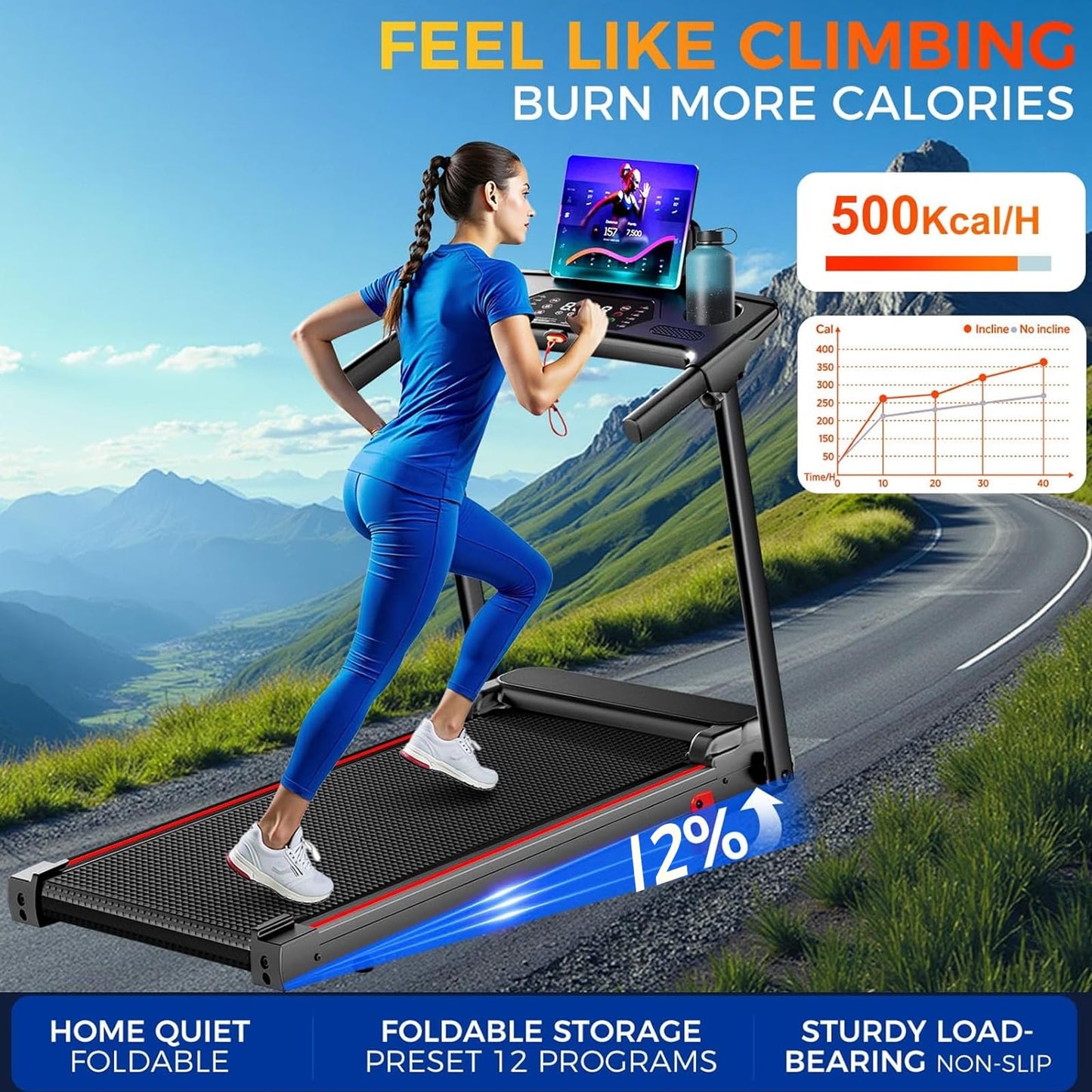 Treadmills for Home 3.0HP Quiet Foldable Treadmill with Incline, Portable Walking Pad with Handle Bar, Walking Pad Treadmill for Running and Jogging with 330 LBS Capacity