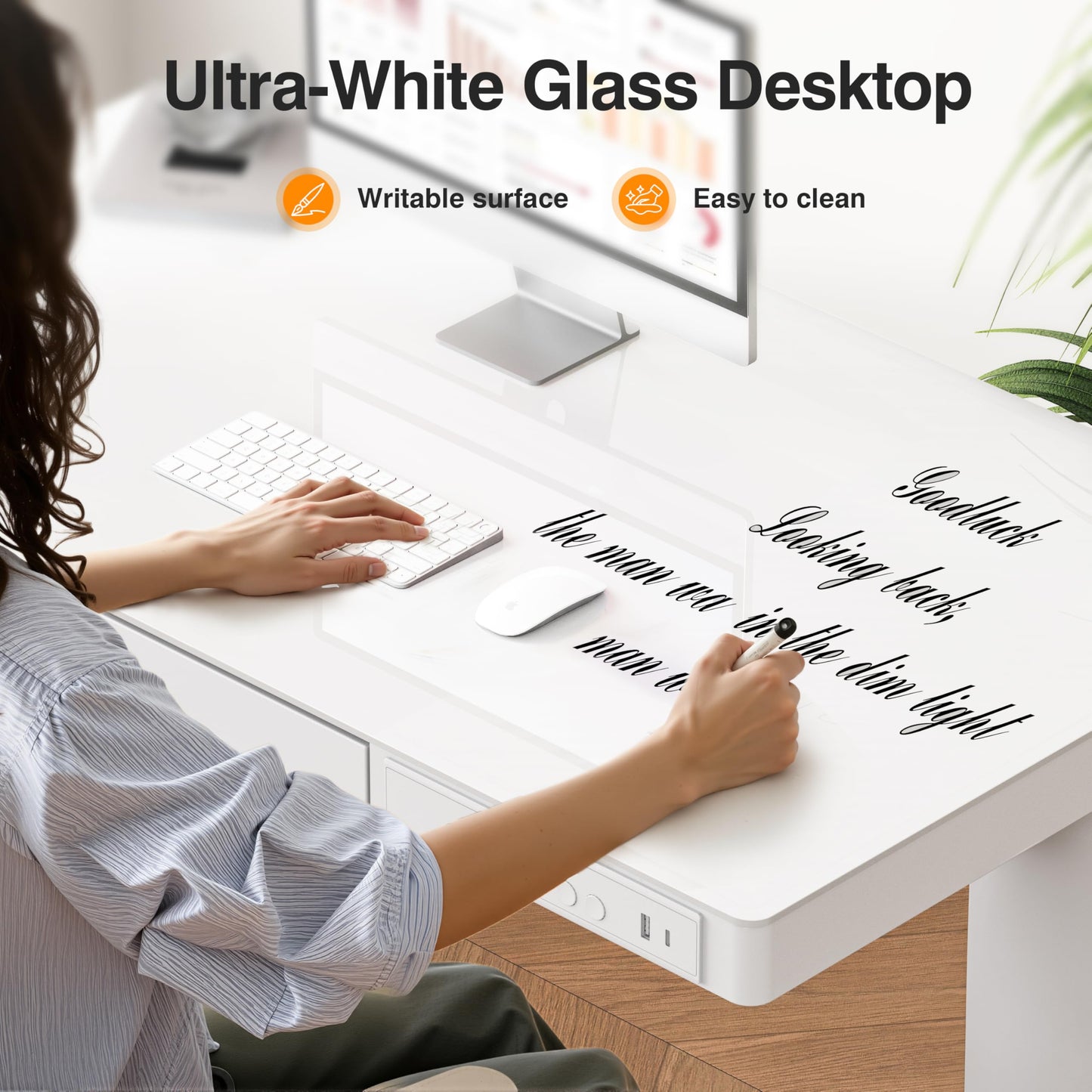 Monomi 35" Glass Standing Desk with Drawer and USB Ports, Electric Height Adjustable Desk for Home Office, White Sit Stand Table with Storage, Easy Assembly Computer Desk for Small Spaces
