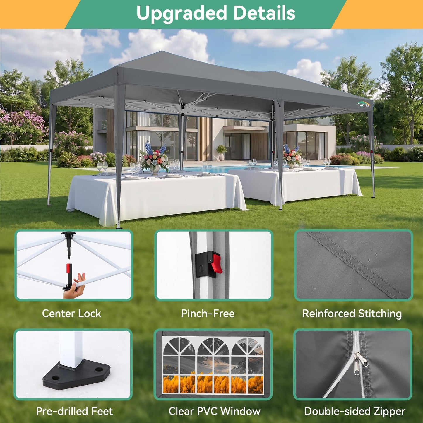 COBIZI 10x20 Canopy Tents for Parties 10x20ft Easy Setup Pop up Tents with Sidewalls & One Push Lock Waterproof Outdoor Large Shelter Party Tent for Wedding Car Port Events Patio Gazebo(Gray)