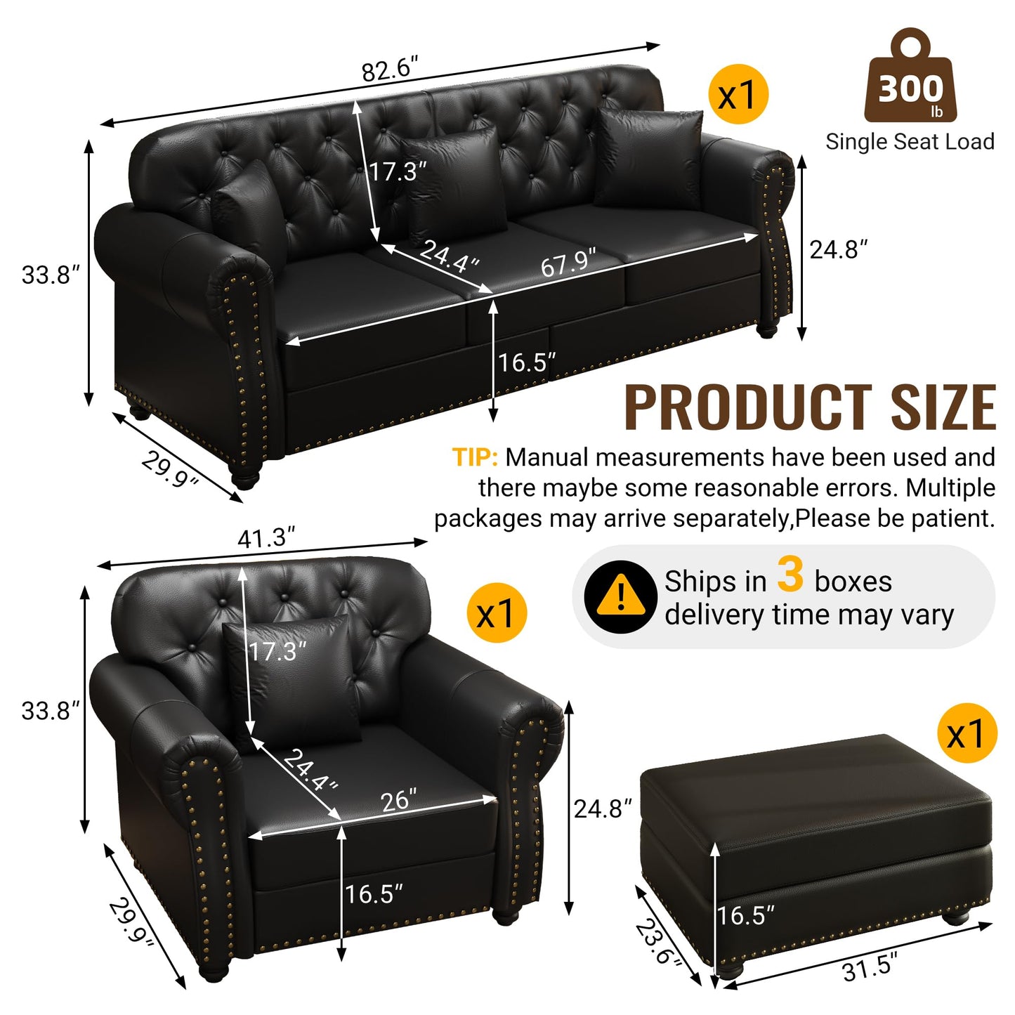 KEIKI 2-Piece Chesterfield Sofa Set with 1 Faux Leather 3-Seater Sofa & 1 Single Sofa, Upholstered 4-Seater Couch Set with Nailhead Trim & Rolled Arms & 1 Ottoman & 4 Pillow, for Living Room, Black