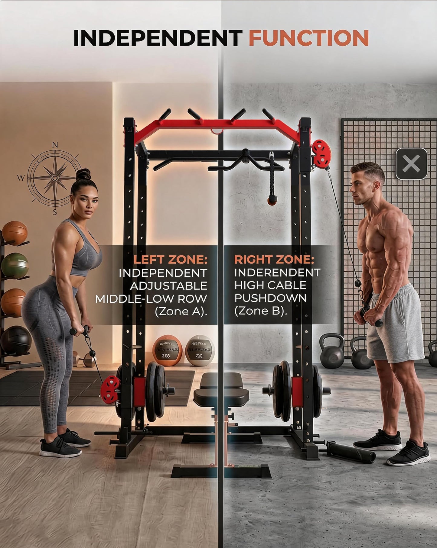 Power Cage, Power Rack with Cable Crossover System, 2000LBS Squat Rack with LAT Pull Down System, Workout Cage with Pulley System for Fitness Home Gym Strength Training