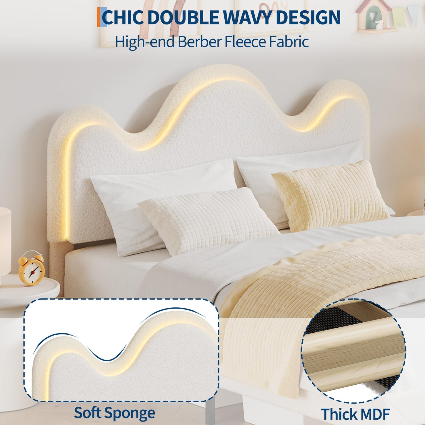 IDEALHOUSE Queen Bed Frame with LED Headboard and Under-Bed Drawer, Metal Upholstered Platform Bed with LED Light for Kids, Girls, Lamb Fleece Fabric, Wooden Slats Support, No Box Spring Needed, White