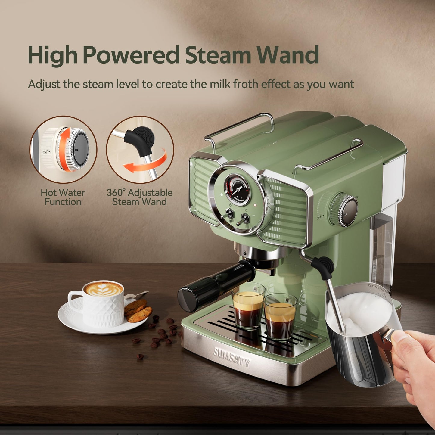 SUMSATY Espresso Machine 20 Bar, Retro Espresso Maker with Powerful Milk Frother Steam Professional Expresso Machine for Home with 61oz Water Tank Cappuccino & Latte Maker, Green
