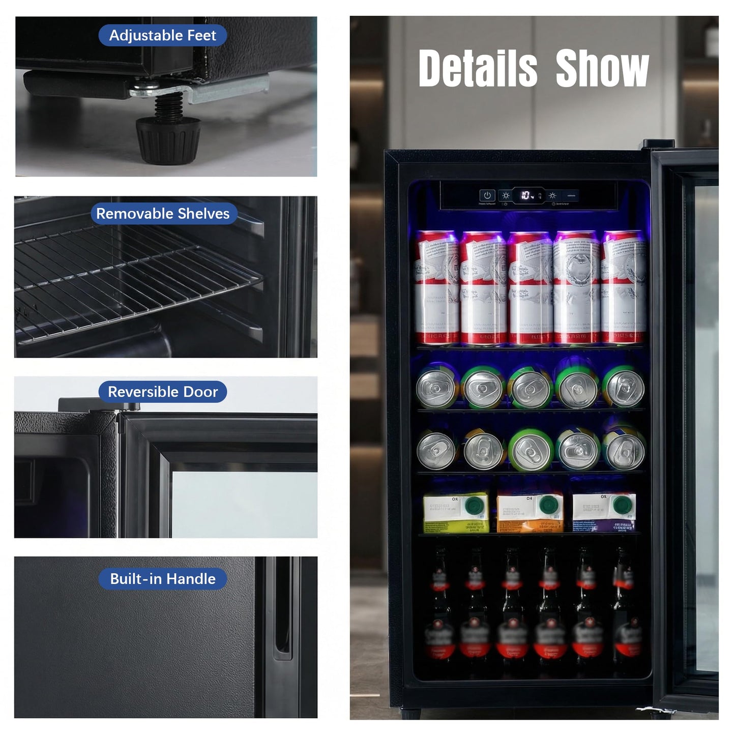 Borcolo Beverage Refrigerator Mini Fridge Beverage Cooler 3.9 Cu. Ft. Drink Fridge Glass Door for Soda, Beer, Wine with LED Light, 150 Slim Can, Temperature Control Compact Mini Bar for Office, Home