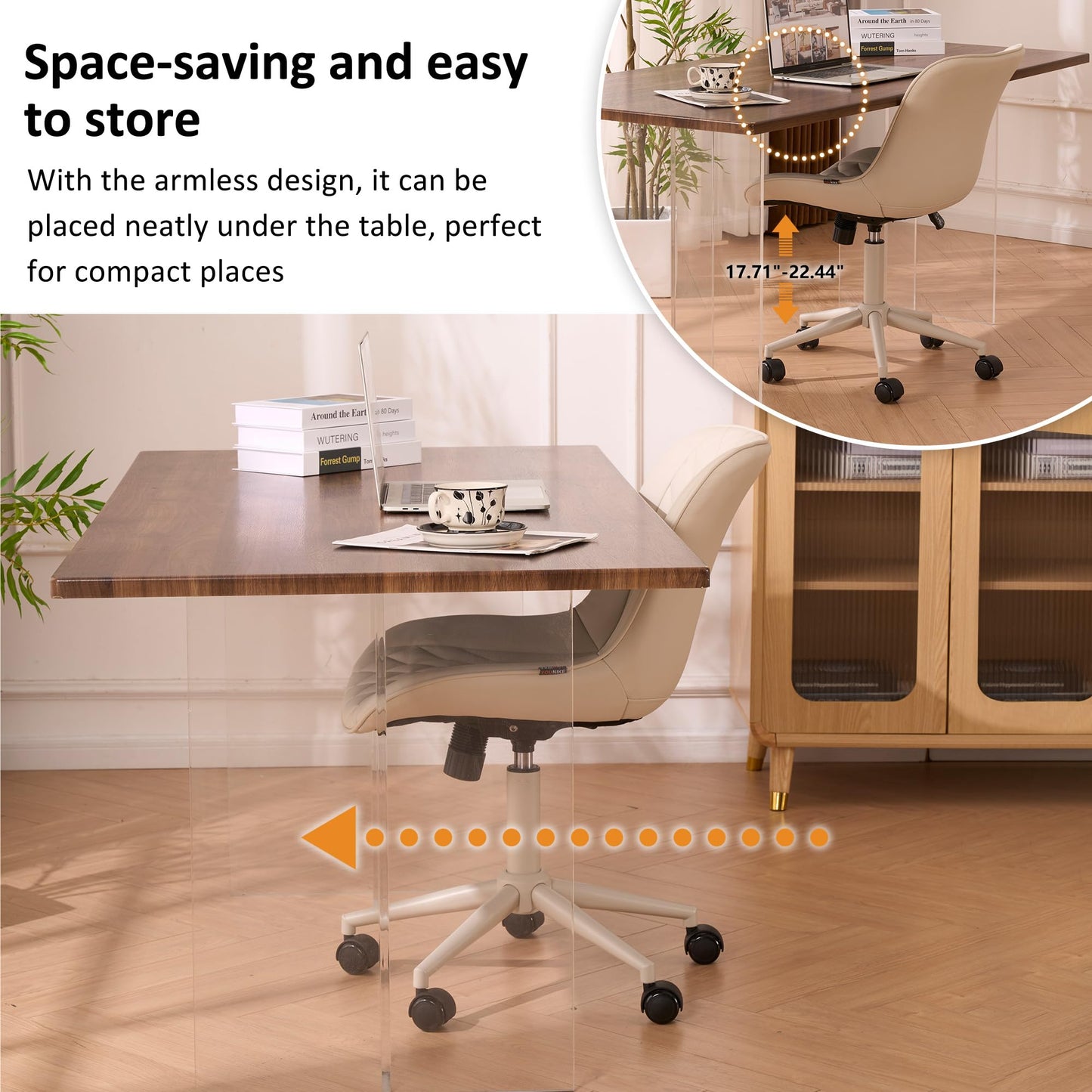 YOUNIKE Cream Faux Leather Ergonomic Office Chair Armless Comfy Desk Chair with Rocking Back Cute Swivel Vanity Chair with Wheels Height Adjustable Small Computer Task Chair for Sewing Drafting