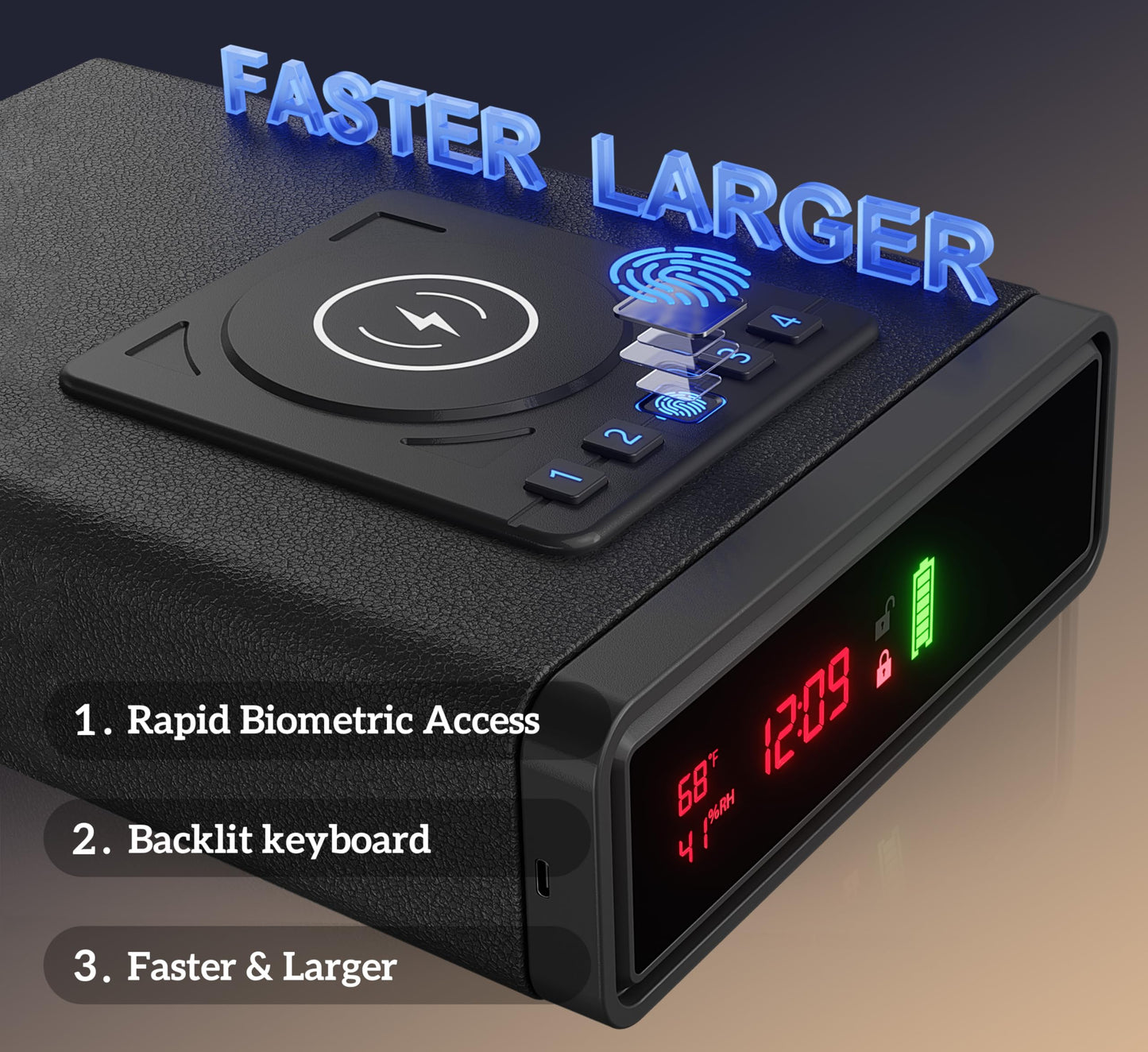 ORARAER Biometric Smart Gun Safe with Wireless Charging, 3 Quick Access Money Box with Fingerprint - Compact Bedside Drawer Safe, 24/7 Digital Clock handgun safe,Gifts for Men