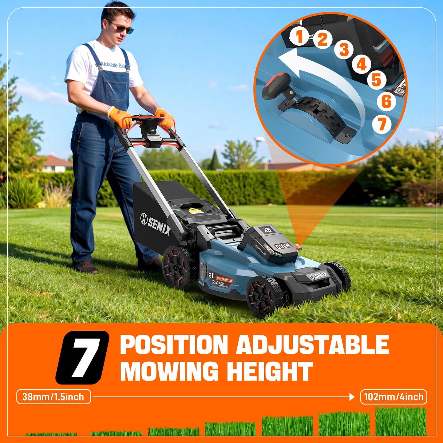 SENIX X6 60 Volt Max* 21-Inch 3-in-1 Cordless Push Lawn Mower,Self-Propelled,with Bagging,Mulching,Side Discharge,Height Adjustment,Smart Display,8Ah Lithium-ion Battery&Charger Included (LPSX6-H)