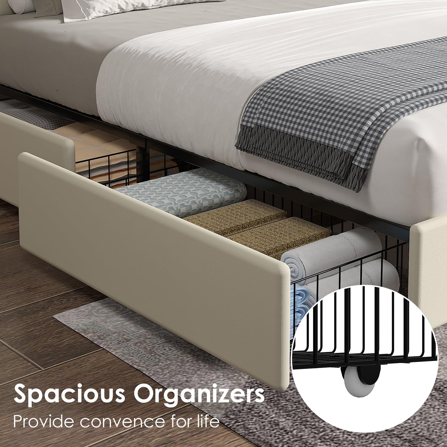 VECELO Queen Size Upholstered Bed Frame with 4 Storage Drawers, Adjustable Velvet Rivet Decor Headboard, Wooden Slats Platform Support, No Box Spring Needed, Easy Assembly,Beige
