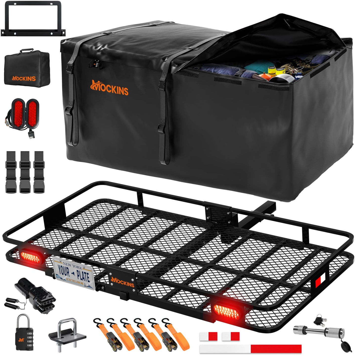 Mockins 72"x36"x6" XXL Folding Trailer Hitch Cargo Carrier w/ 50 CuFt Waterproof Cargo Bag for Hitch Carrier | 500 Lbs Cap Luggage Rack for SUV Car & Truck w/Rear Lights, License Plate Holder & More
