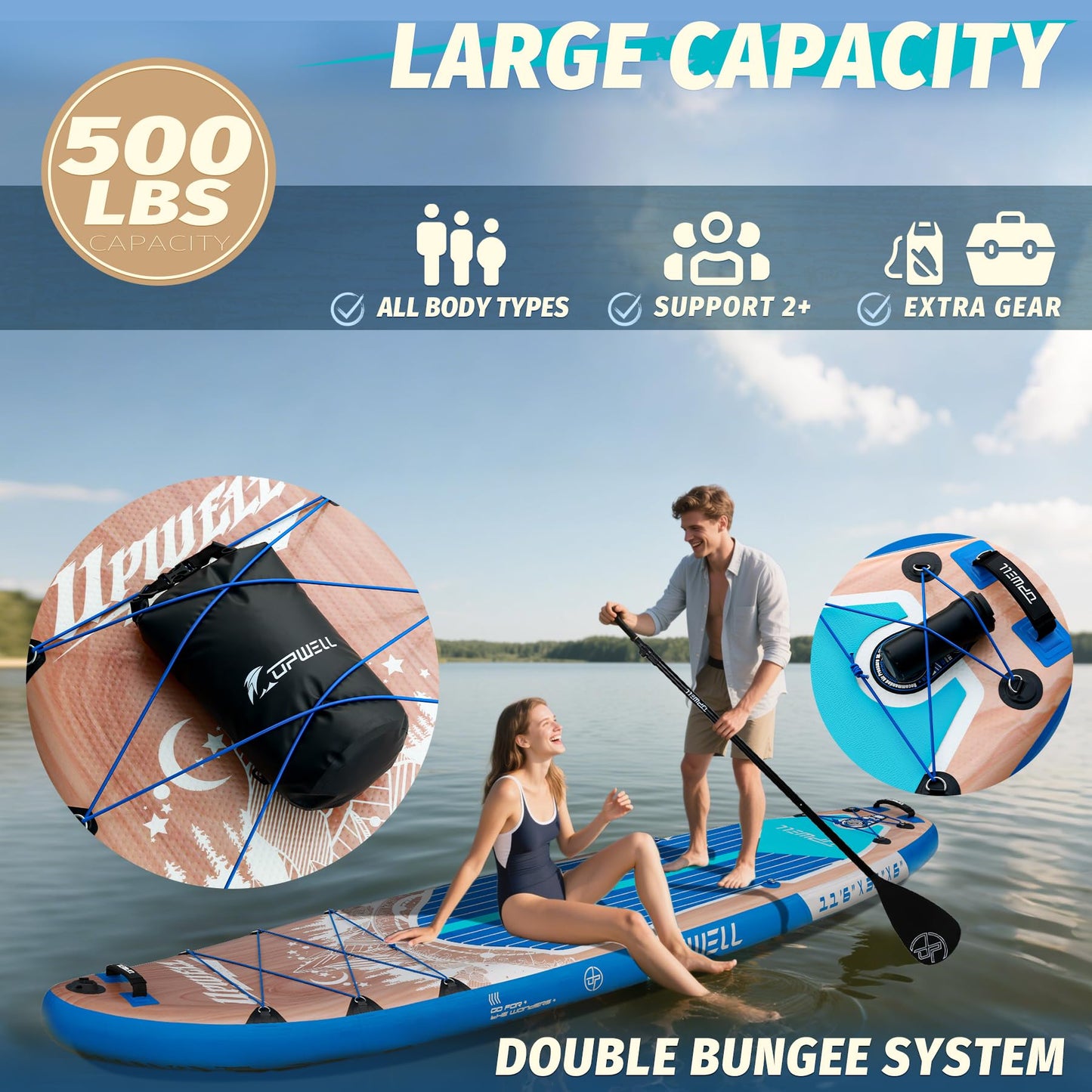 UPWELL 11'6"×35" Extra Wide Inflatable Paddle Board, Stand Up Paddle Board with Kayak Seat, Sup Paddle Boards for Adults, Cypress Blue