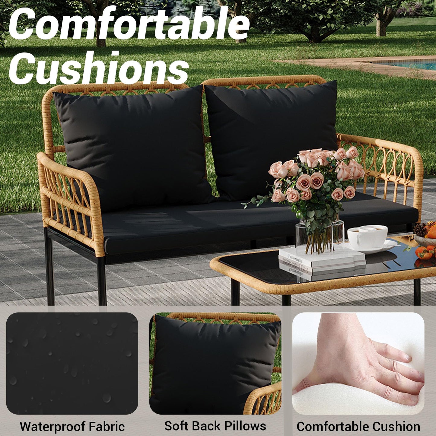 GarveeLife 4 Pieces Patio Furniture Sets Wicker Outdoor Patio Table and Chairs Set with Glass Side Table, Loveseat Chairs, Boho Rattan Conversation Sets for Apartment, Bistro, Backyard, Porch, Black