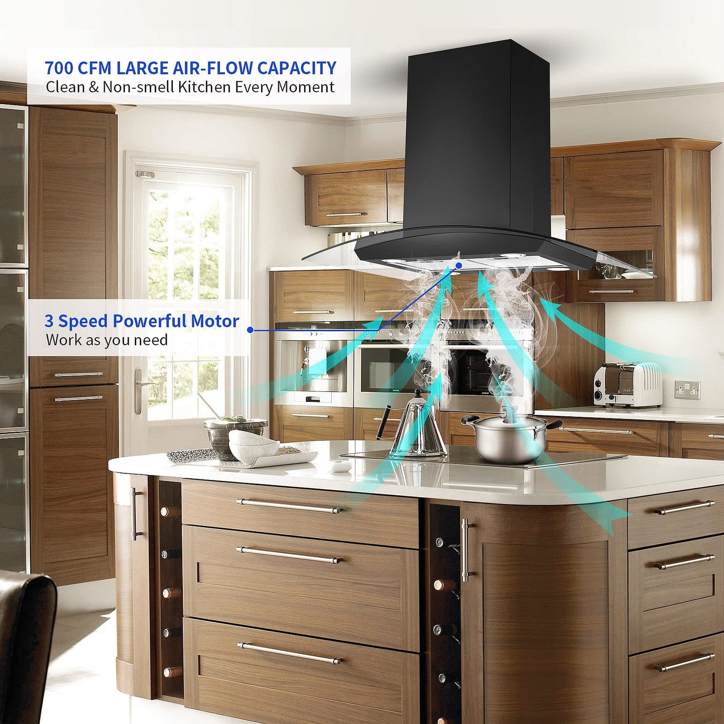 JOEAONZ Island Range Hood Black 30 inch 700CFM, Ceiling Mount Kitchen Vent Hood Stainless Steel Ducted/Ductless Convertible Extractor Stove Exhaust Fan, 5-layer Filters, Curved Tempered Glass