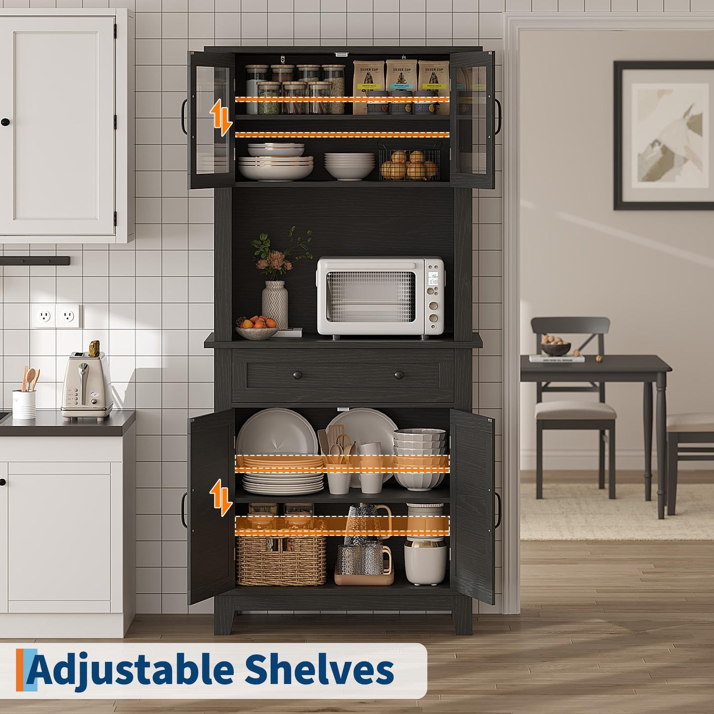 GarveeHome 72 in Tall Kitchen Pantry Cabinet, Kitchen Hutch Bar Cabinet with Microwave Stand, Cupboard with Drawers Glass Doors for Dining Room, Living Room, Dark Black