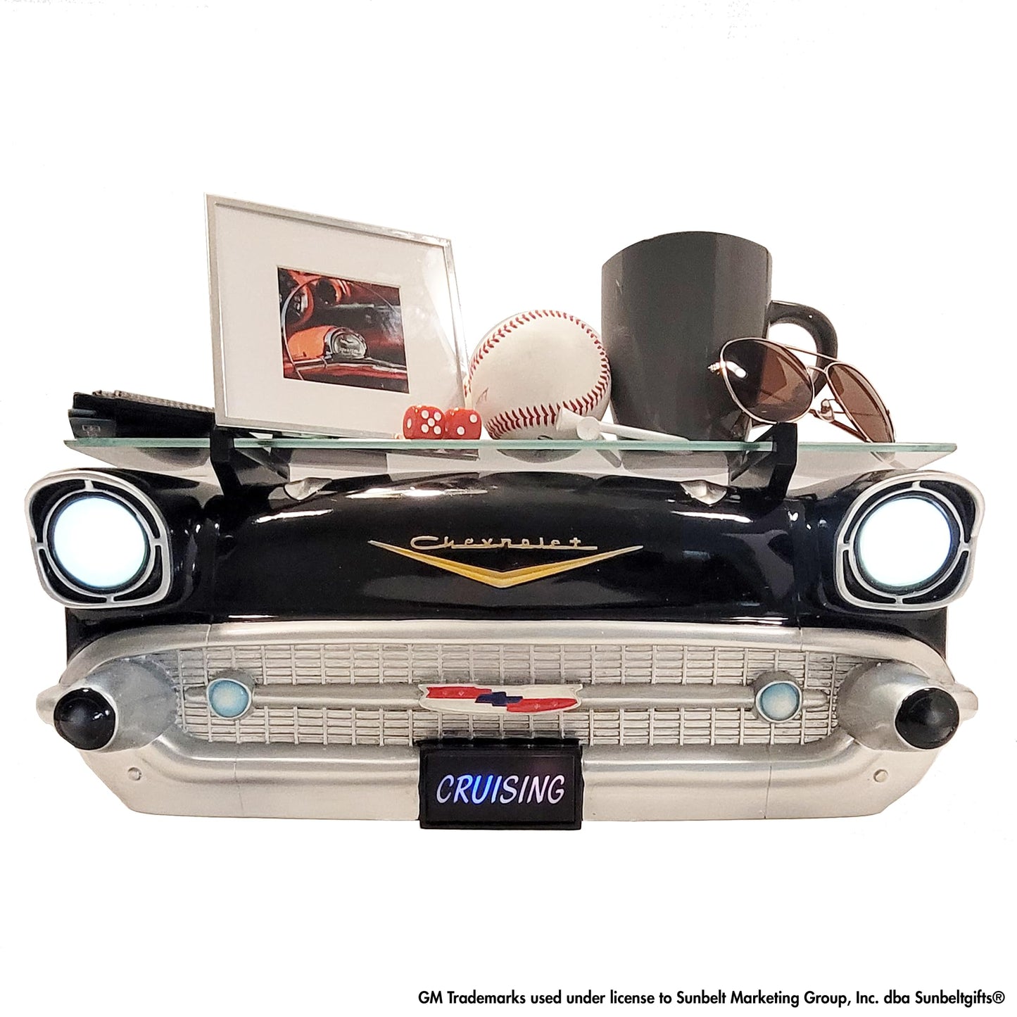 Sunbelt Gifts 1957 Chevrolet Chevy Bel Air Floating Wall Shelf, LED Headlights, Tempered Glass, Retro Classic Car Decor, Garage Man Cave Decor, Black, 20x6.1x8 inches, Gift for Car Enthusiasts