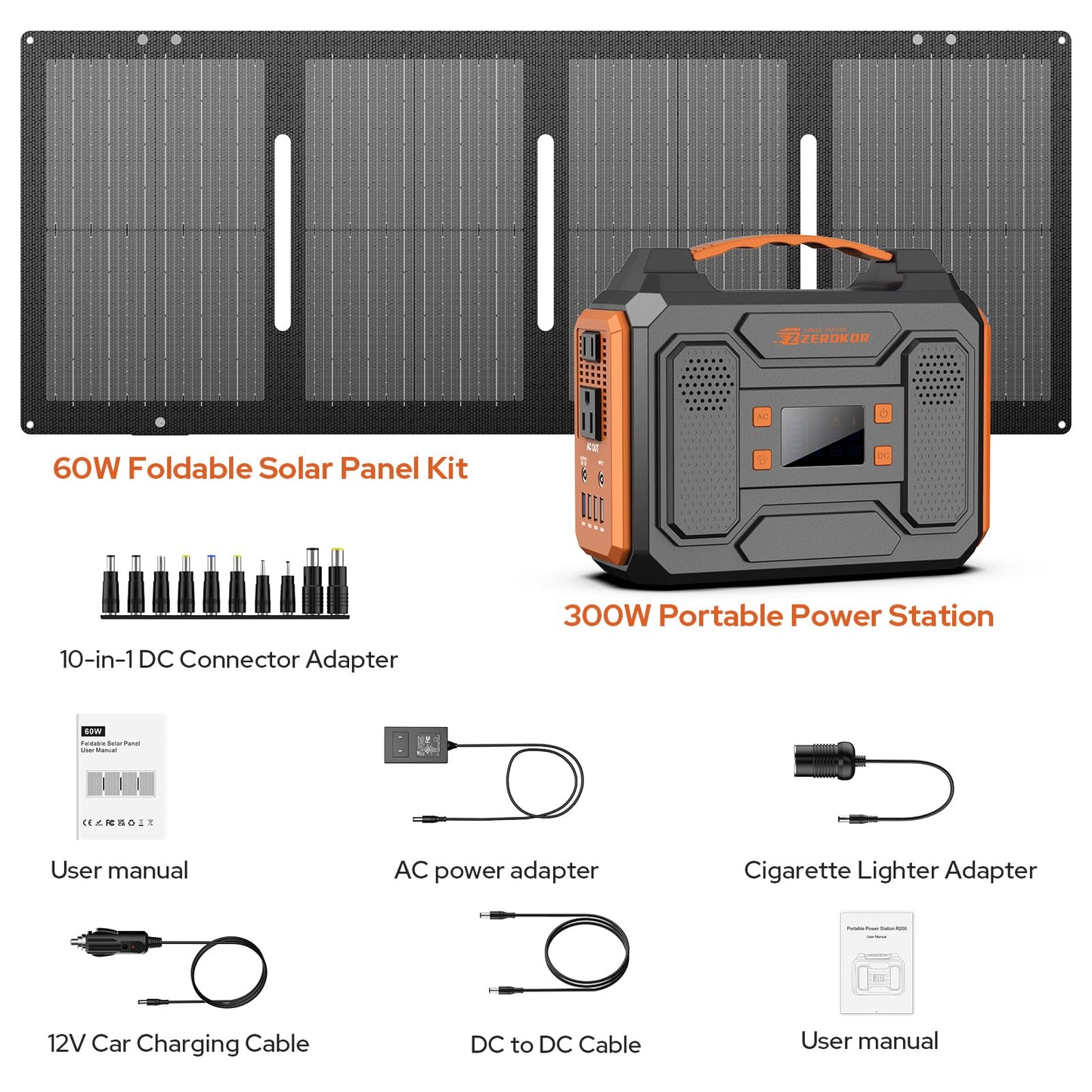 Portable Solar Generator, 300W Portable Power Station with Foldable 60W Solar Panel,110V Pure Sine Wave 280Wh Battery Power Pack with USB DC AC Outlet for Camping Smart Devices RV Van Outdoor-Orange