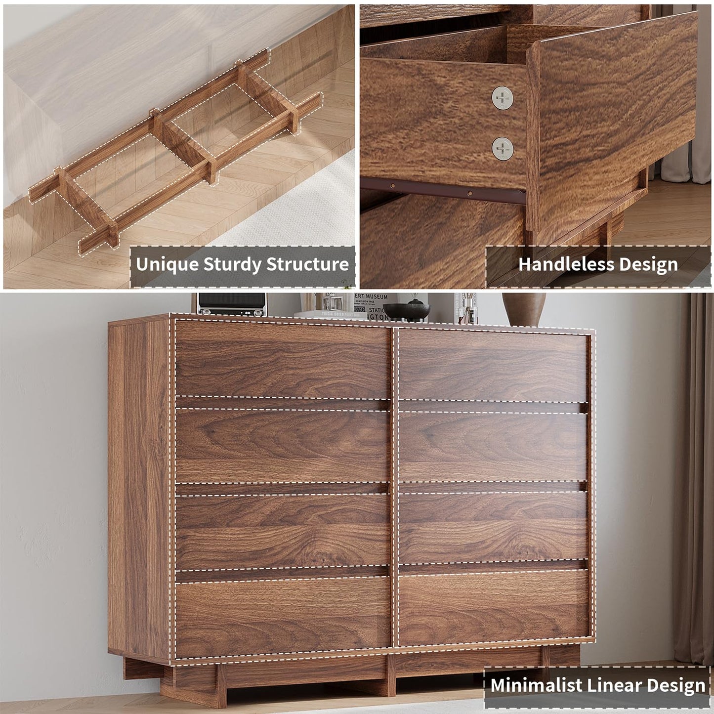 CHUWELL 53" Wide Dresser for Bedroom,Walnut Mid Century Modern Dressers with 8 Drawers, Adequate Capacity Storage,Closet Clothes Organizer for Bedroom