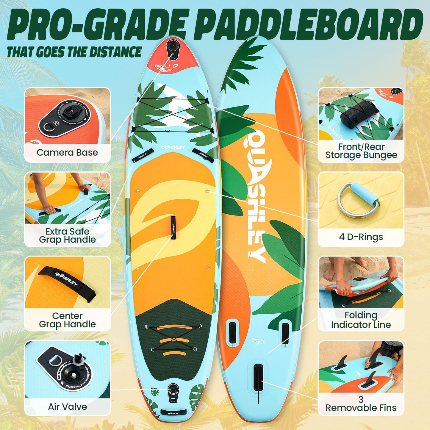 Quashley Inflatable Paddle Board 11ft?4 inch Extra Wider Stand Up Paddle Board Stable Inflatable SUP with 10L Waterproof Bag,Pump,Paddle,3 Removable Fins Leaf