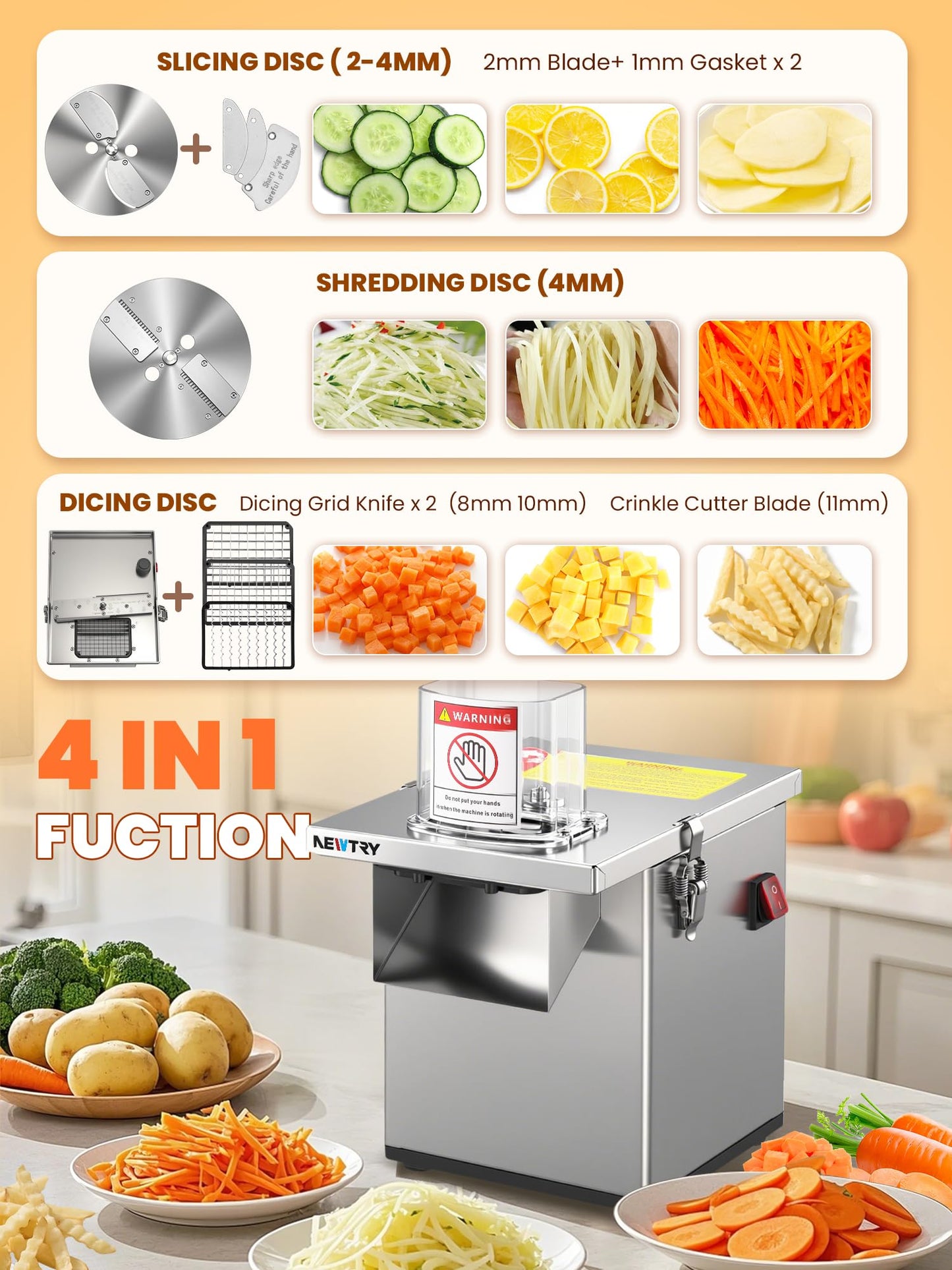 NEWTRY 200W Commercial 4 in 1 Vegetable Processor Electric Vegetable Fruit Dicer Automatic Slicer Shredder 330lb/h Stainless Steel Large Feed Chute for Whole Potato