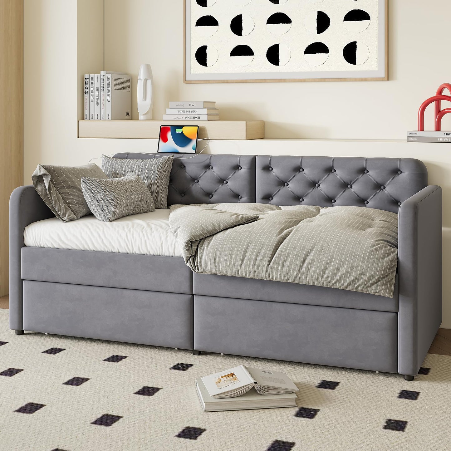 GDFStudio Twin Size Bed Frame with 2 Storage Drawers, Velvet Upholstered Twin Daybed with Headboard and Charging Station, Tufted Wood Platform Bed Frame, Solid Slats, No Box Spring Needed, Grey