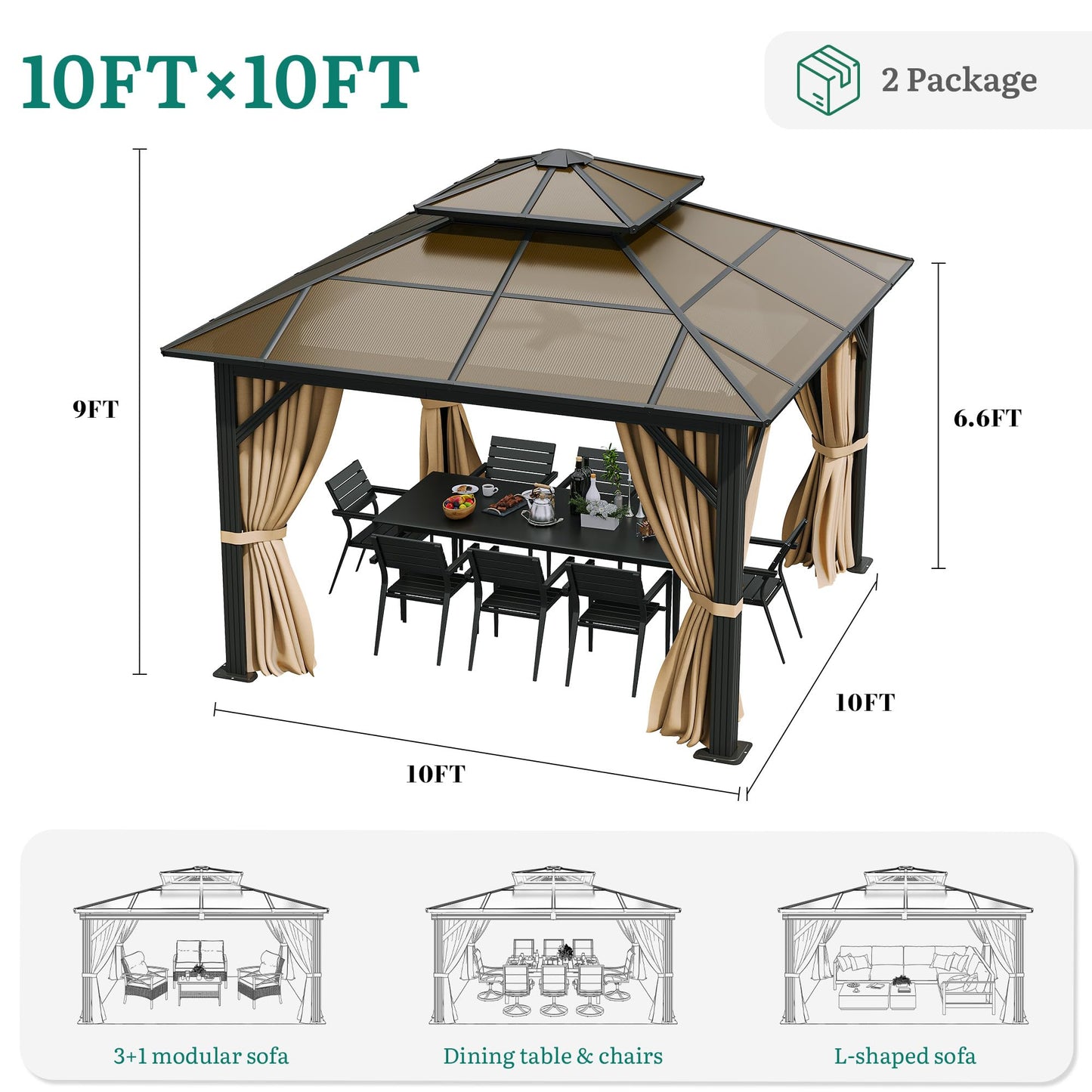 YITAHOME 10X12FT Polycarbonate Gazebo Outdoor Patio Double Top Canopy Galvanized Iron Aluminum Column Garden Tent Curtains Netting for Backyards Decks Lawns,Brown