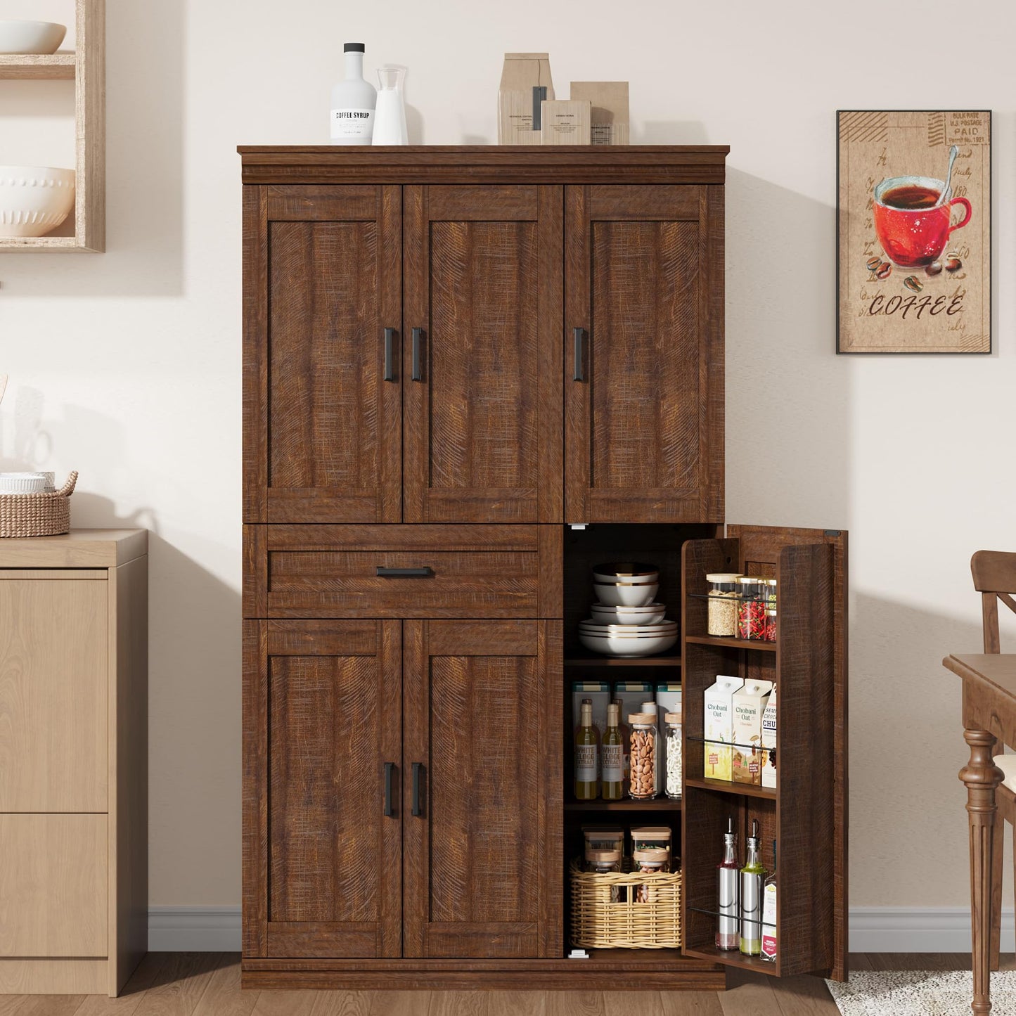 Garvee 70" Tall Kitchen Pantry Storage Cabinet, Modern Kitchen Hutch Cabinet with Doors and Shelves, Freestanding Food Pantry with Large Storage Drawer for Dining Room and Household Organization