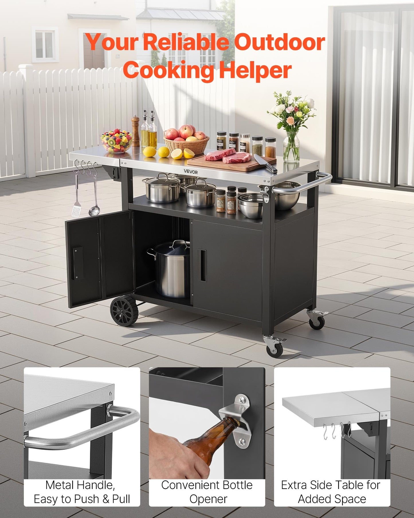 VEVOR Outdoor Grill Cart with Storage Cabinet, 48.9 Inch Grill Table, Waterproof Kitchen Island with Stainless Steel Top, Shelf, and Wheels, Movable Food Prep Station for Patio Bar Backyard BBQ