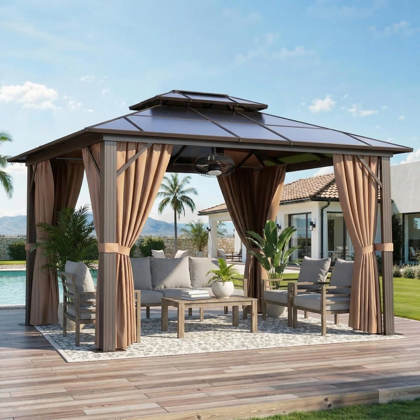 Breezestival 10x12FT Hardtop Gazebo, Aluminum Frame Permanent Pavilion with Ceiling Fan,Curtains and Netting, Outdoor Metal Gazebo Polycarbonate Double Roof Canopy, for Garden,Lawns,Patio (Brown)