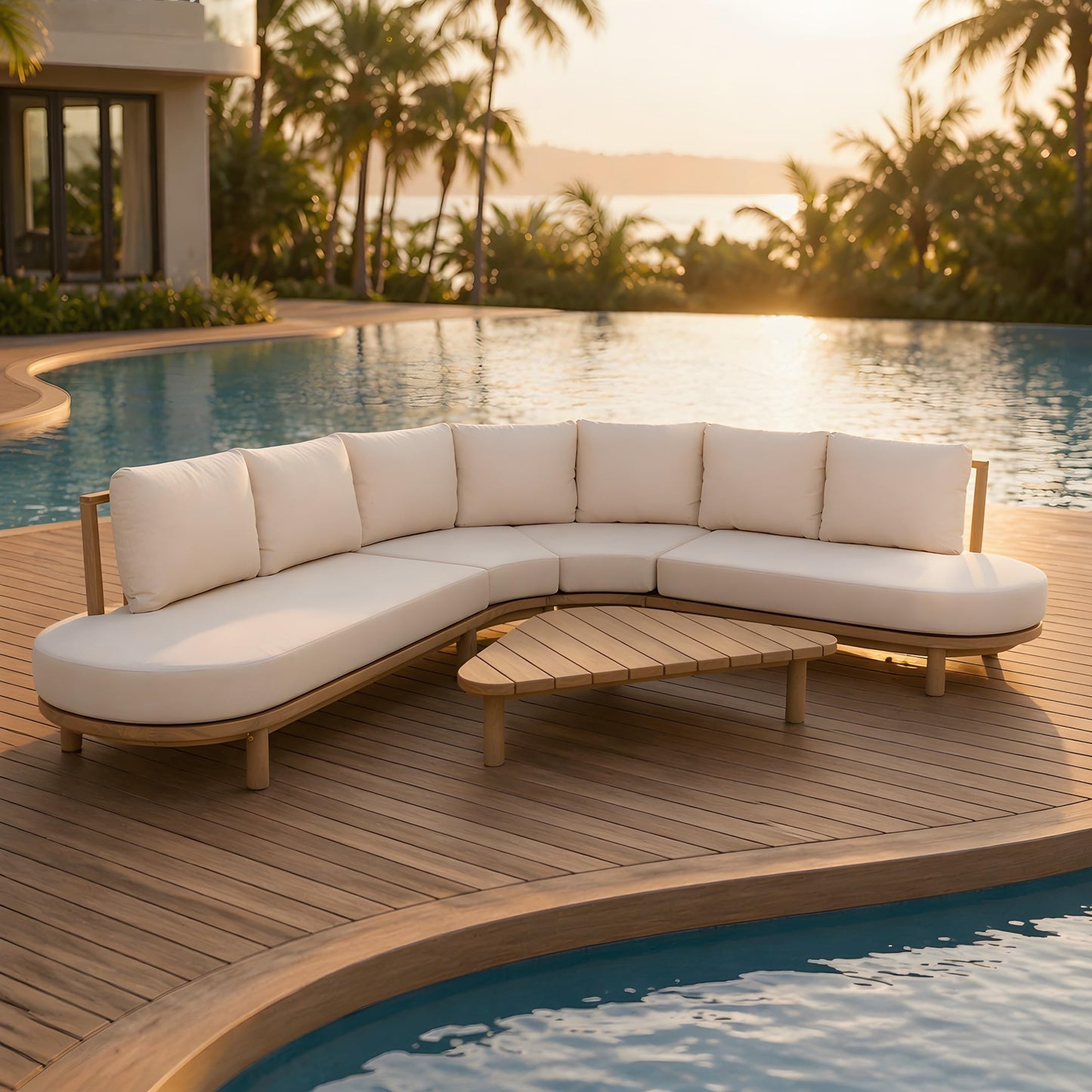 Merax 5 Piece Patio Acacia Wood Curved Sectional Sofa Set, Outdoor Half- Moon Sofa Couch with Waterproof Cushions, 1 Coffee Table for Garden, Lawn, Backyard, Poolside, Beige+Brown